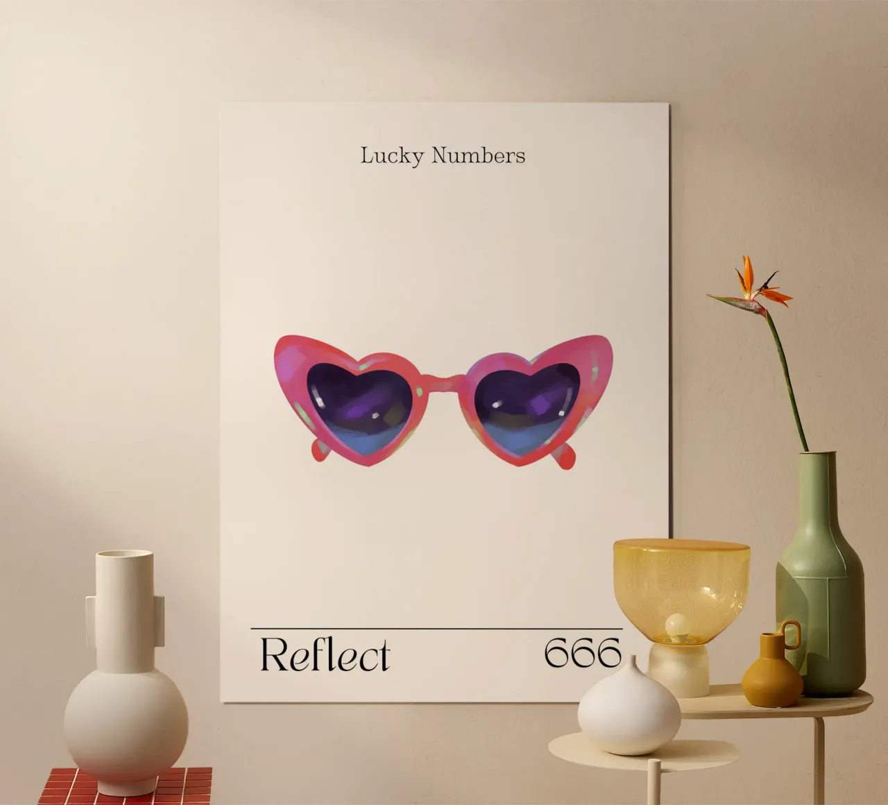 Occhiali da sole a forma di cuore, retrò, riflettenti, numeri angelici, 666 poster da Peaches Art Prints