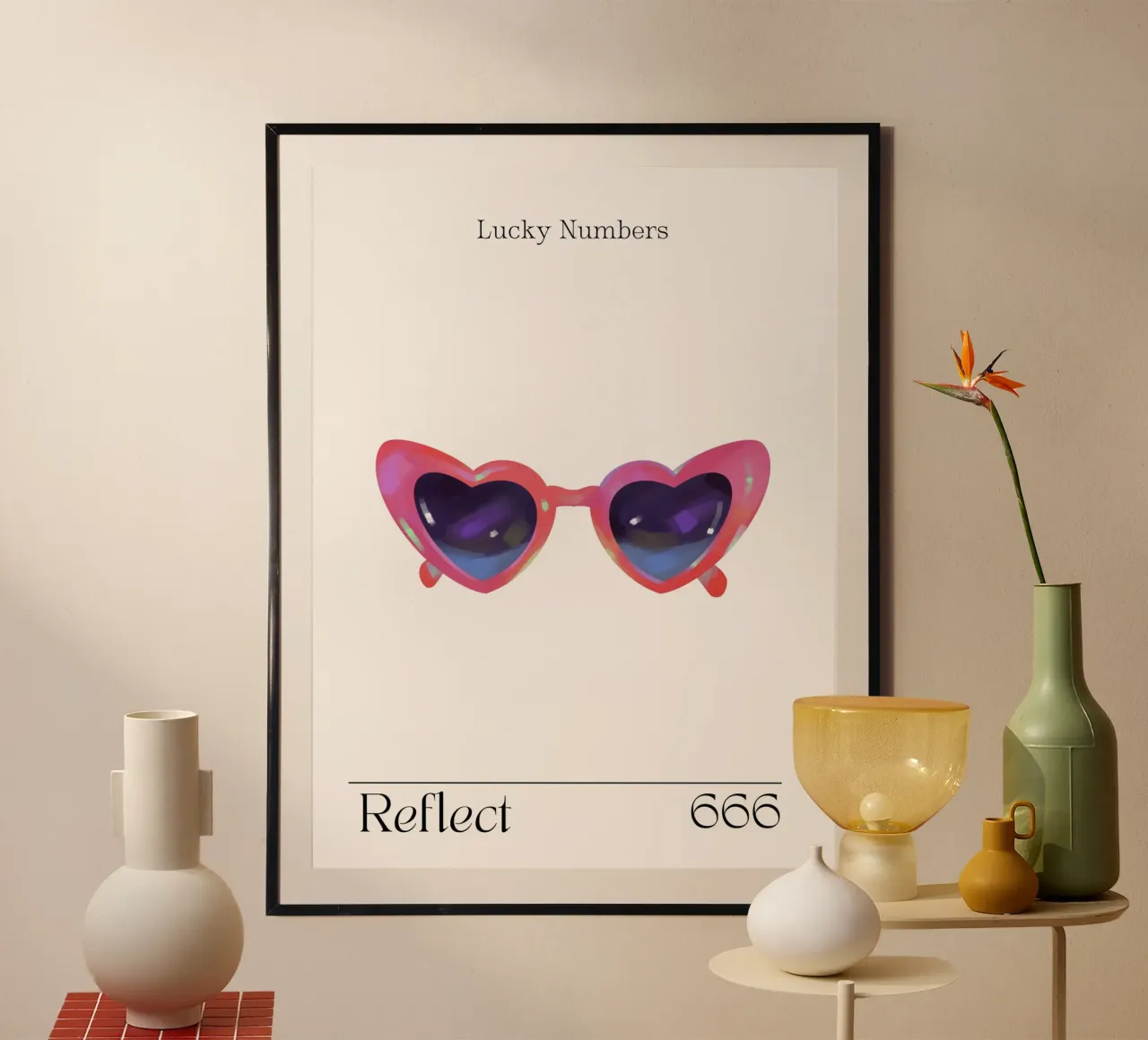 Occhiali da sole a forma di cuore, retrò, riflettenti, numeri angelici, 666 poster da Peaches Art Prints