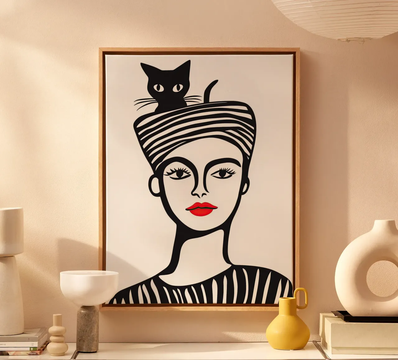 Donna con gatto in testa | linoleografia tela con Cornice a cassetta da Autofocus