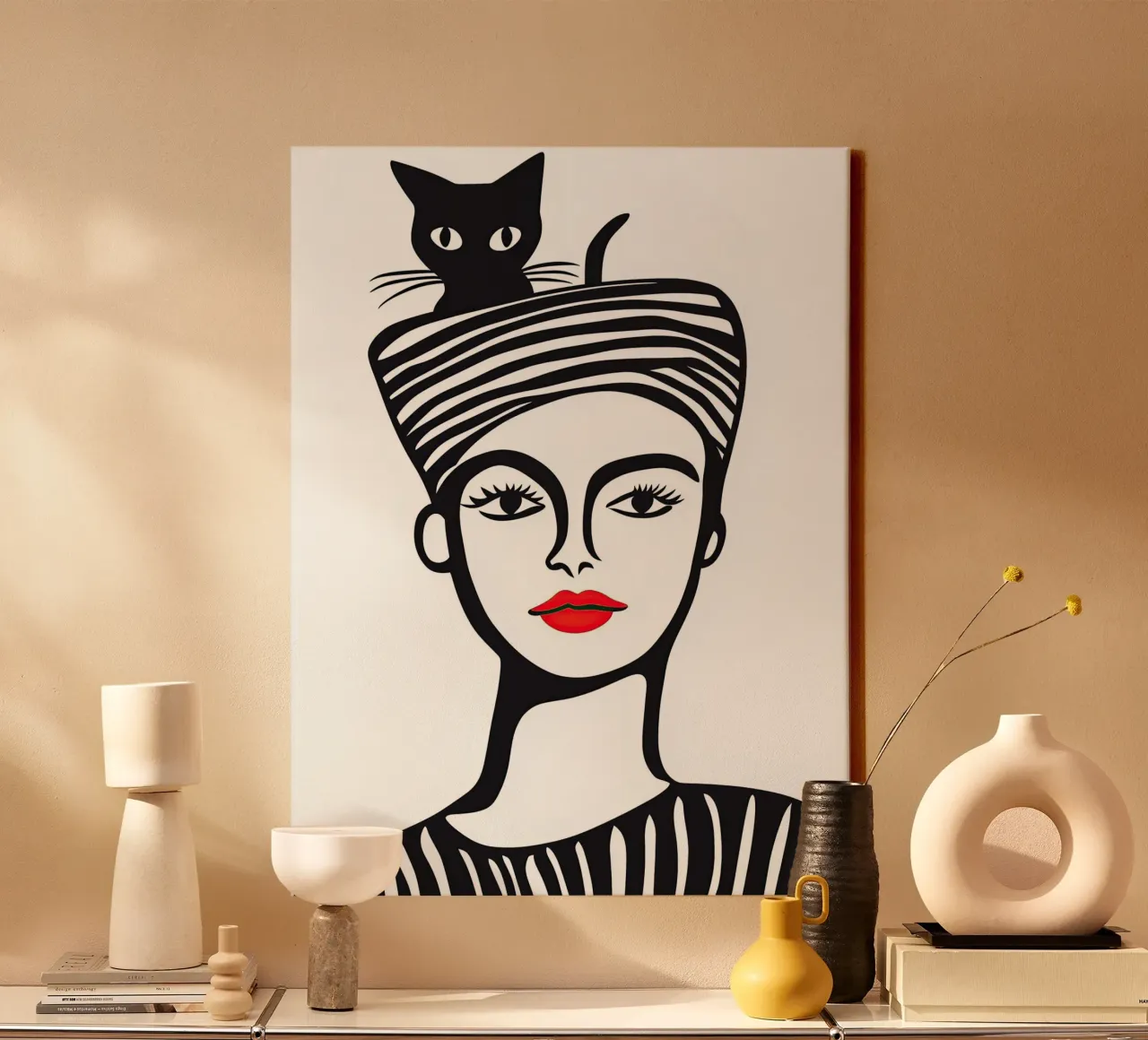 Donna con gatto in testa | linoleografia tela con Cornice a cassetta da Autofocus