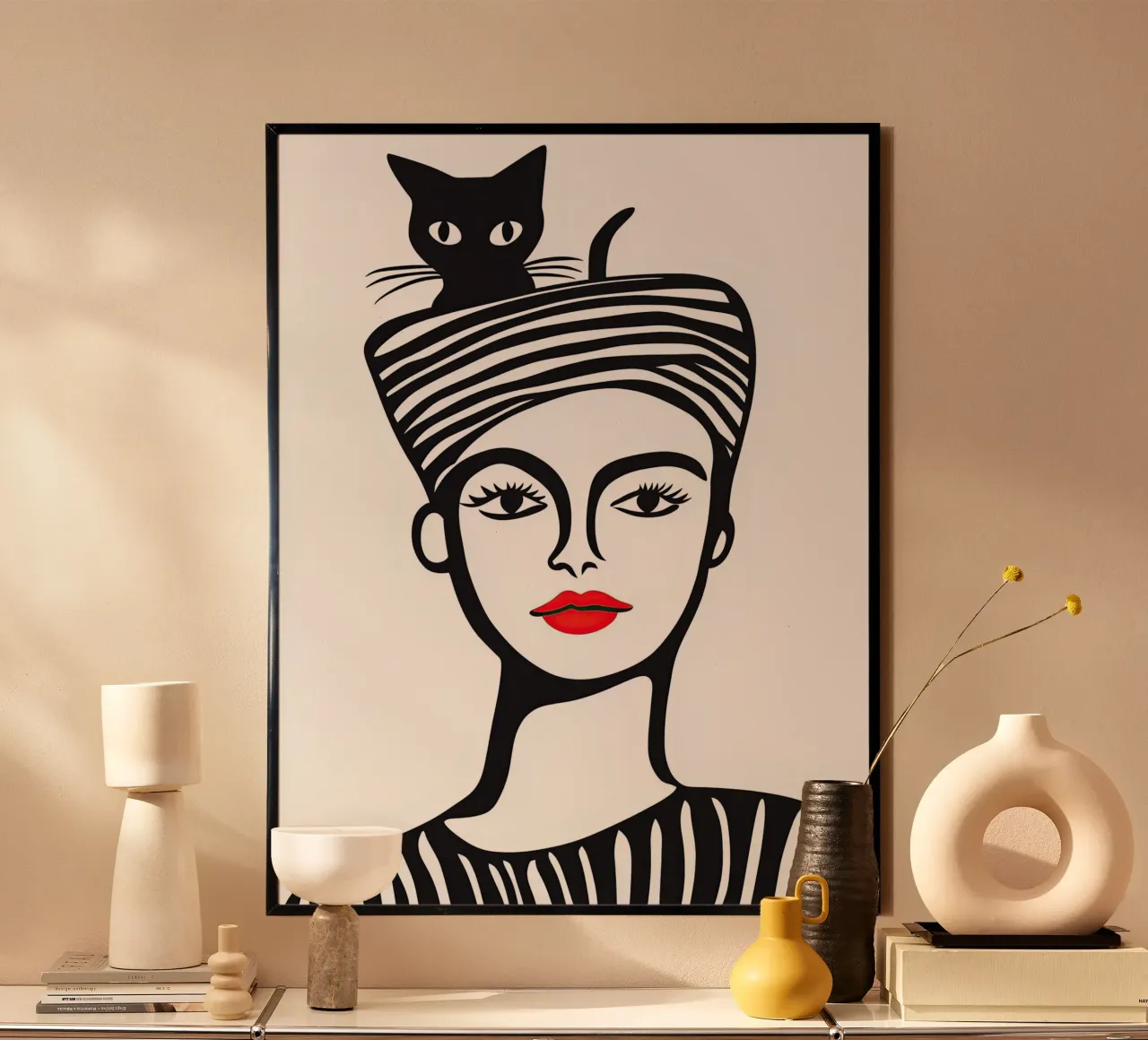 Vrouw met kat op haar hoofd | linosnede poster met houten frame van Autofocus