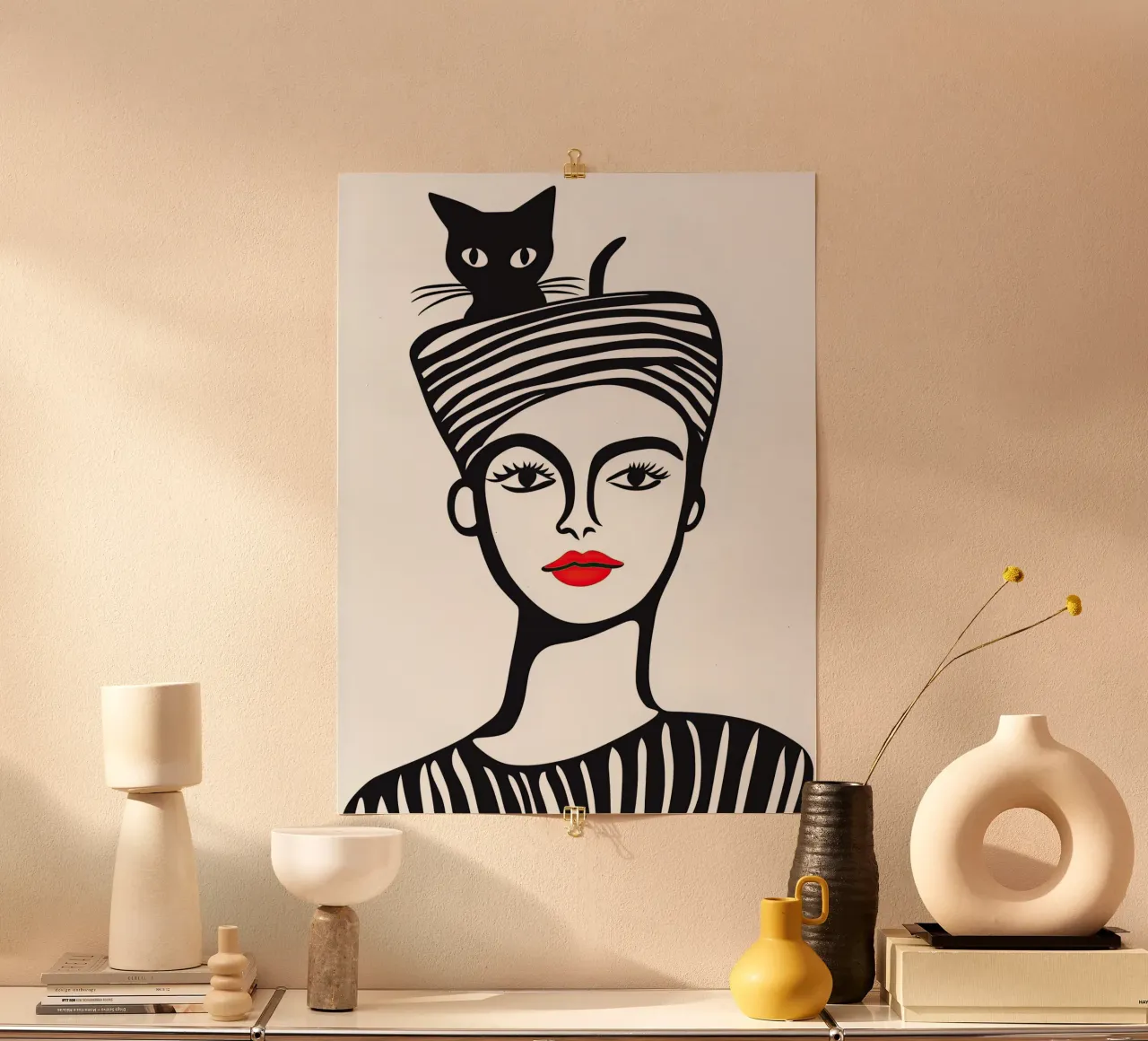 Vrouw met kat op haar hoofd | linosnede poster met houten frame van Autofocus