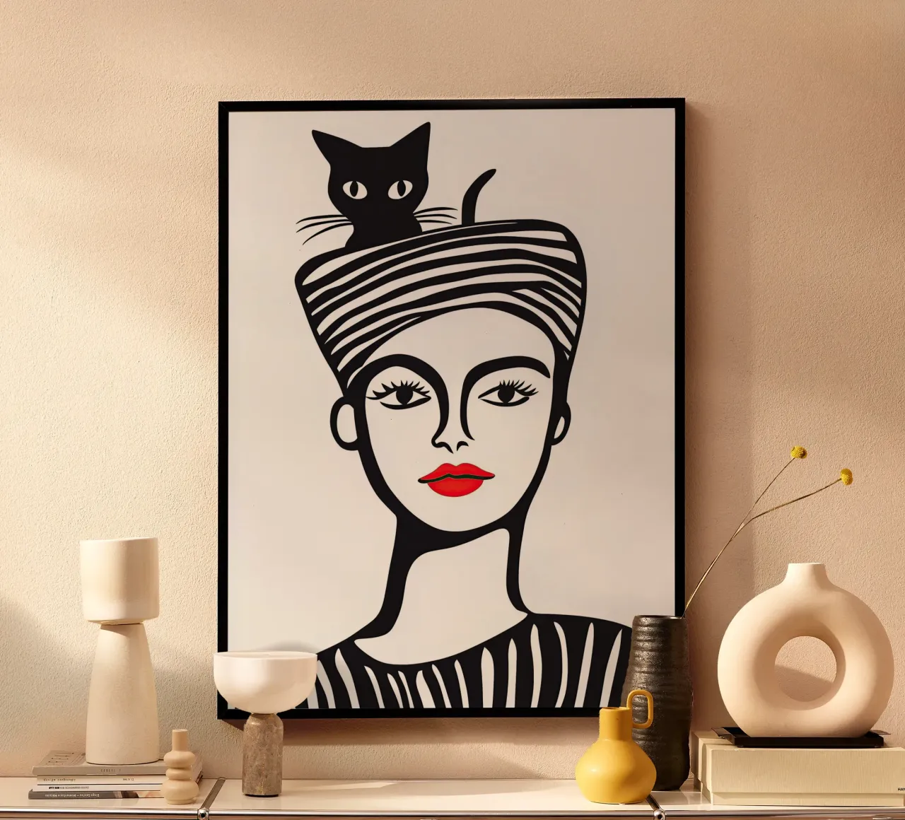 Vrouw met kat op haar hoofd | linosnede poster met houten frame van Autofocus