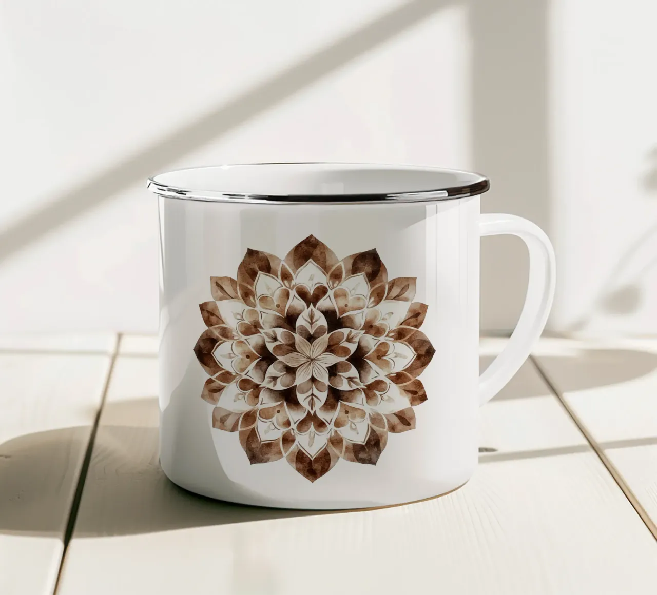 Mandala di moka ad acquerello tazza in smalto da Spiritual Touch