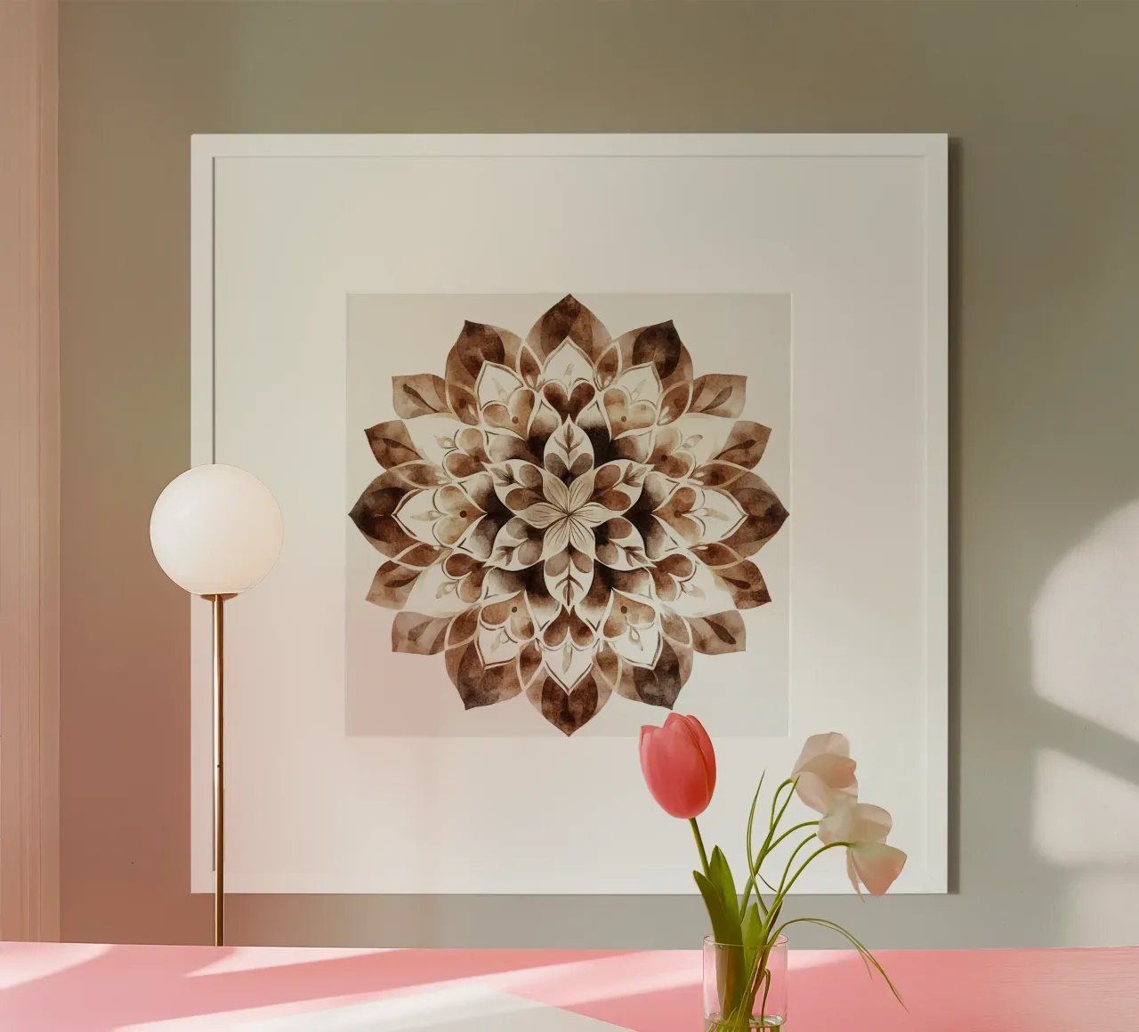 Mandala di moka ad acquerello poster con telaio in alluminio da Spiritual Touch