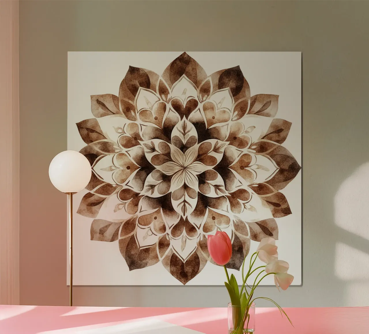 Mandala di moka ad acquerello poster con telaio in alluminio da Spiritual Touch