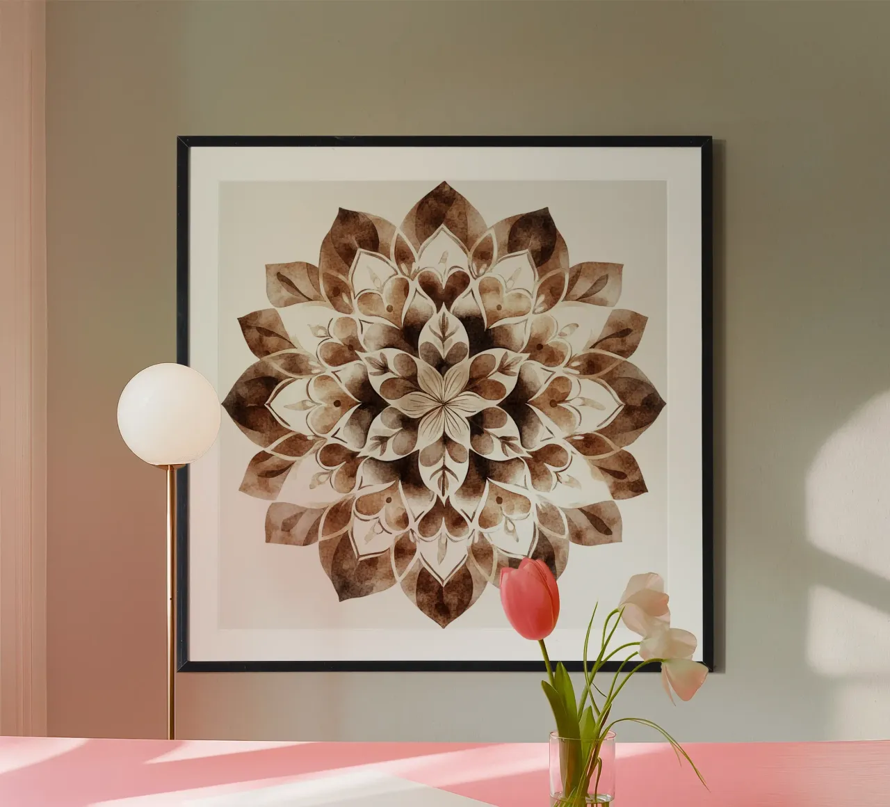 Mandala di moka ad acquerello poster con telaio in alluminio da Spiritual Touch