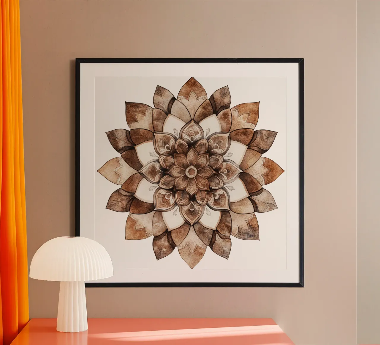 Mandala di moka ad acquerello poster con telaio in legno da Spiritual Touch