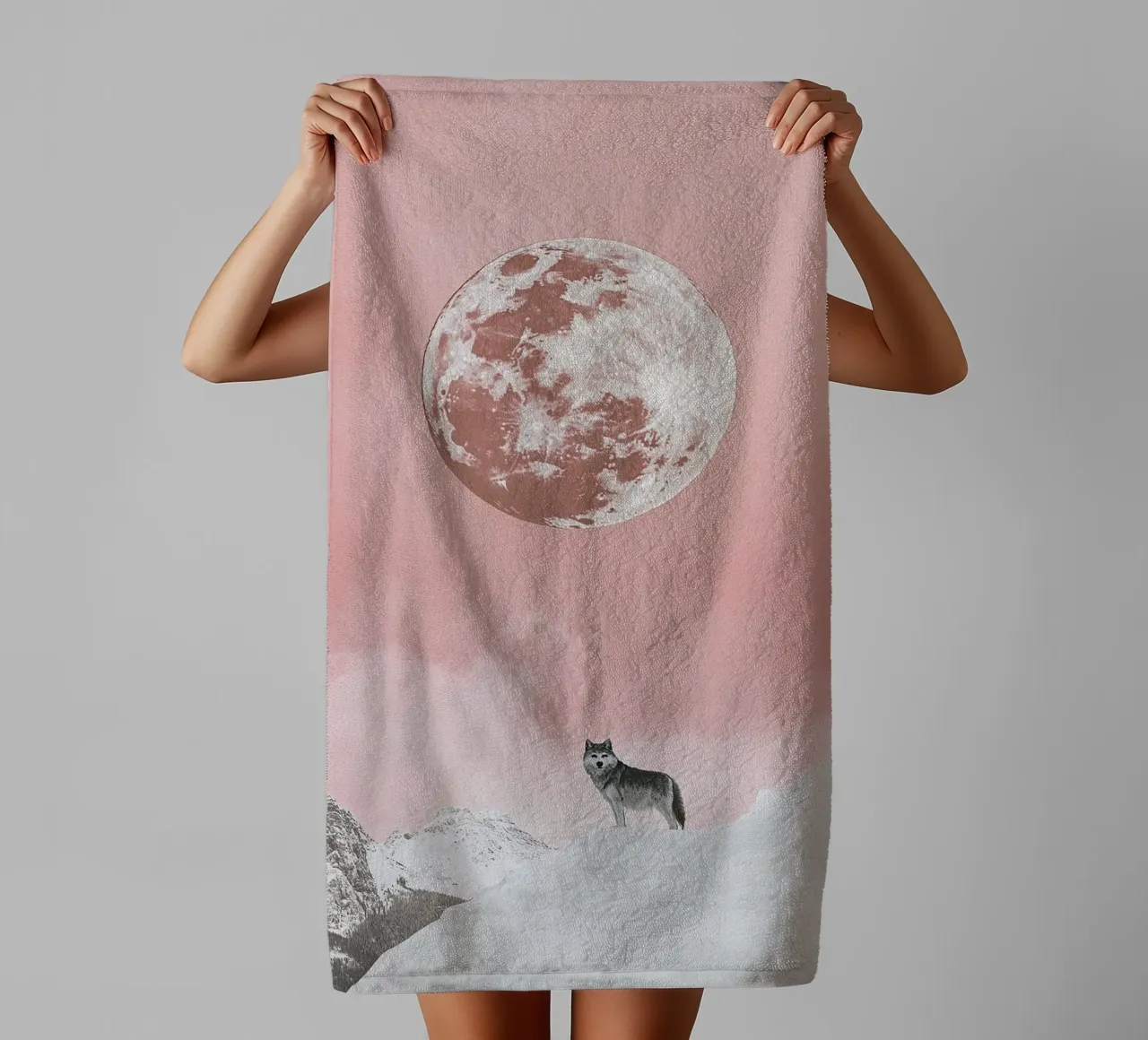 Wolf snow moon pink towel by Nikis Art Studio
