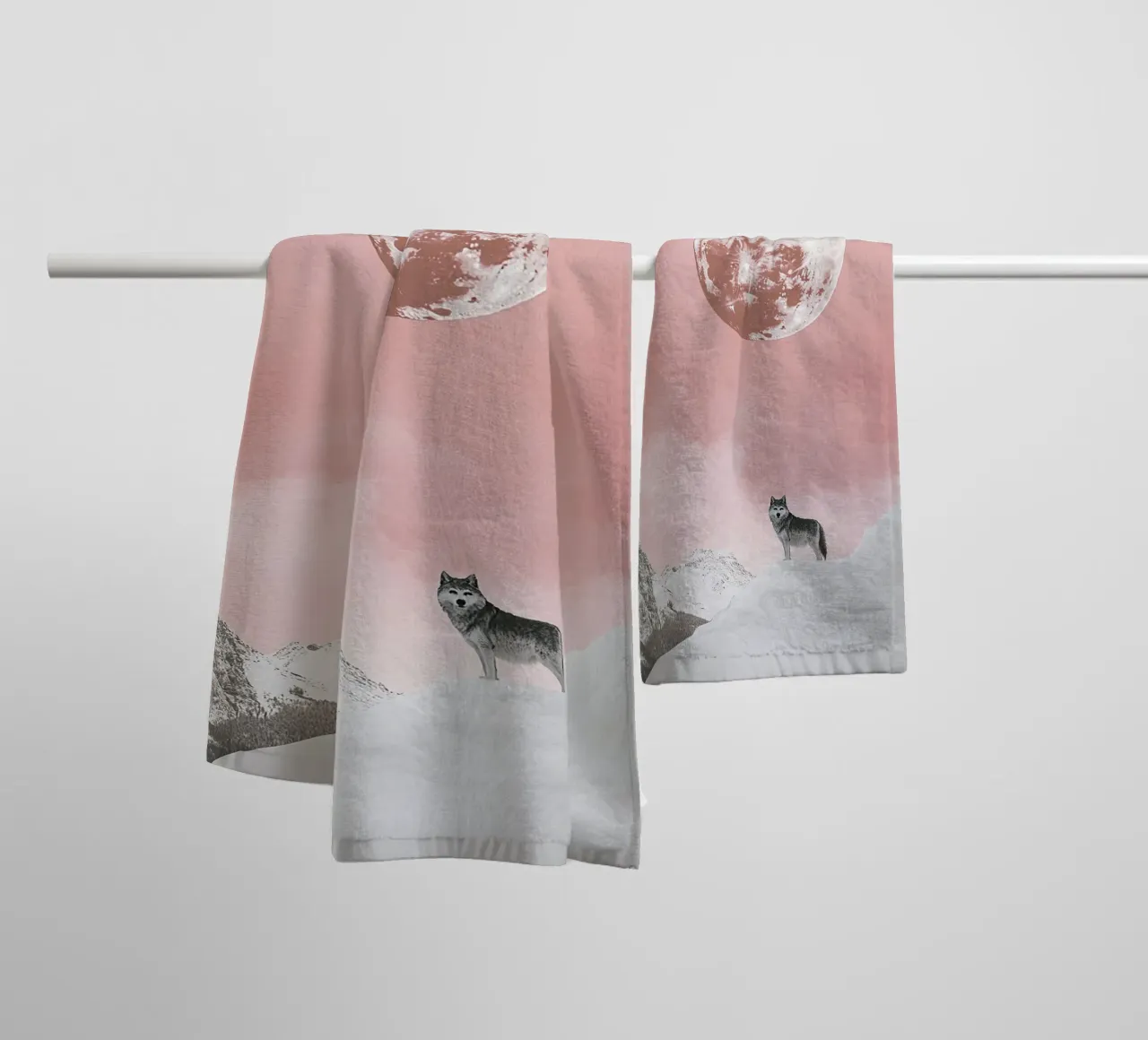 Wolf snow moon pink towel by Nikis Art Studio