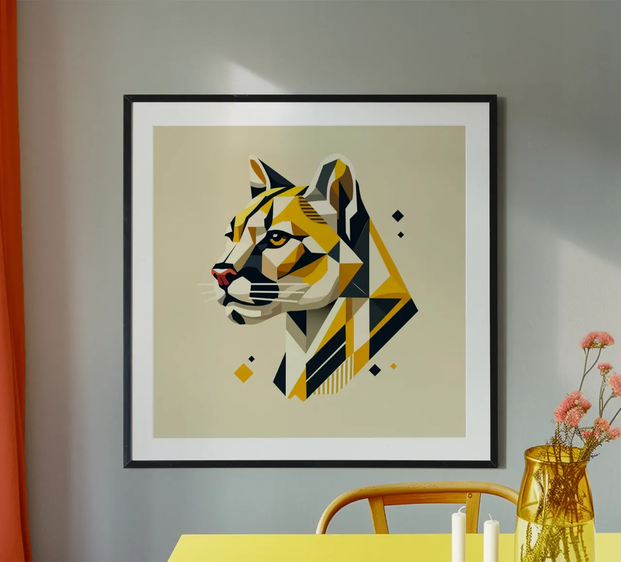 Forza geometrica - L'elegante testa di felino poster con telaio in plastica da namosh