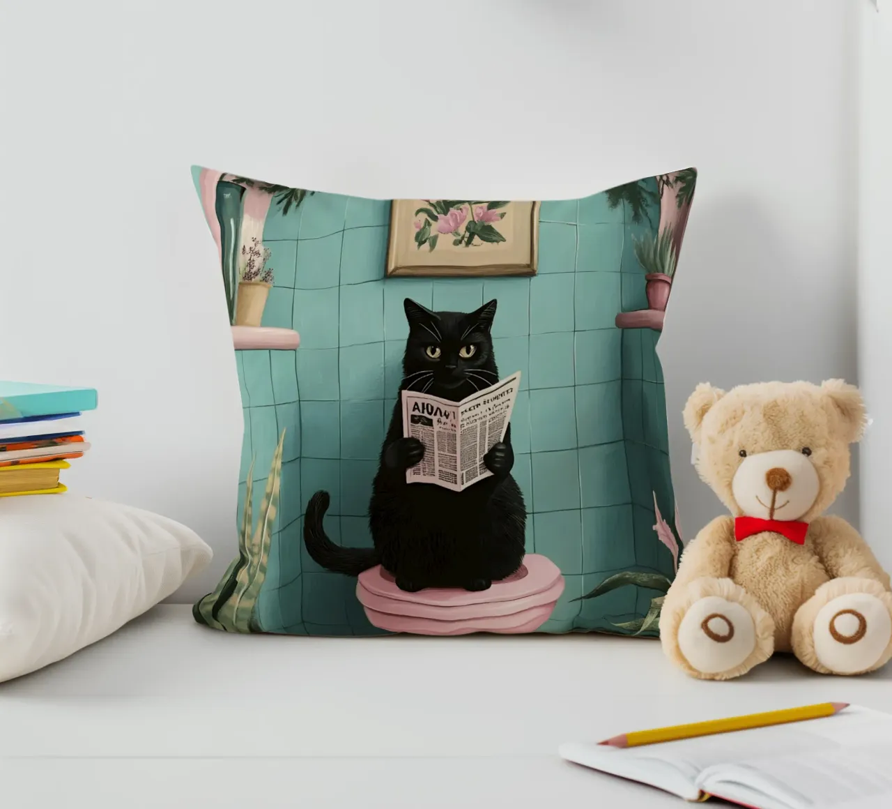 Cat On The Toilet decorative cushion by catsforyou