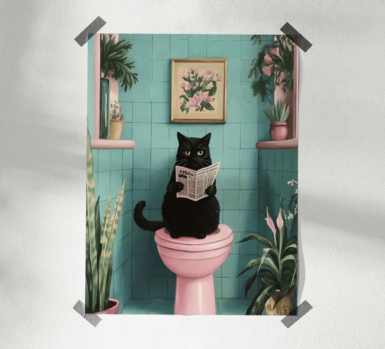 Gatto sul water poster con telaio in legno da catsforyou