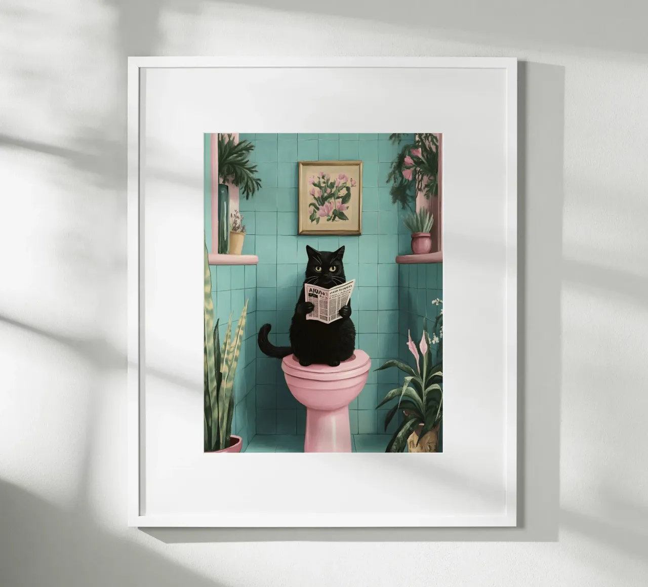 Gatto sul water poster con telaio in legno da catsforyou