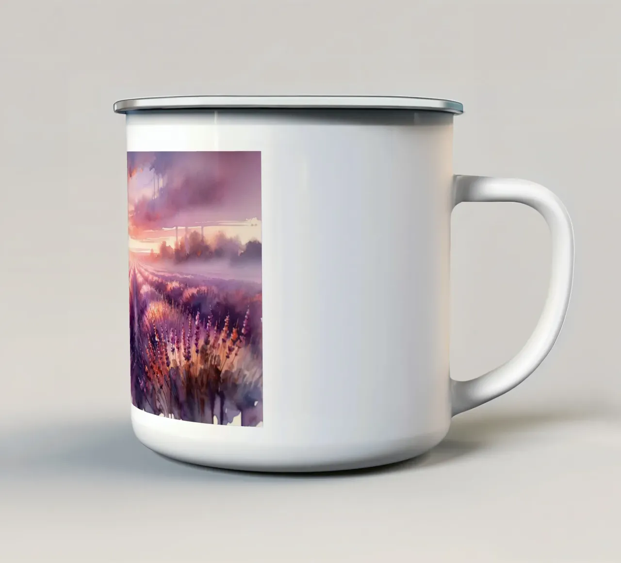L'abbraccio dell'alba nei campi di lavanda tazza in smalto da Chromatic Fusion Studio