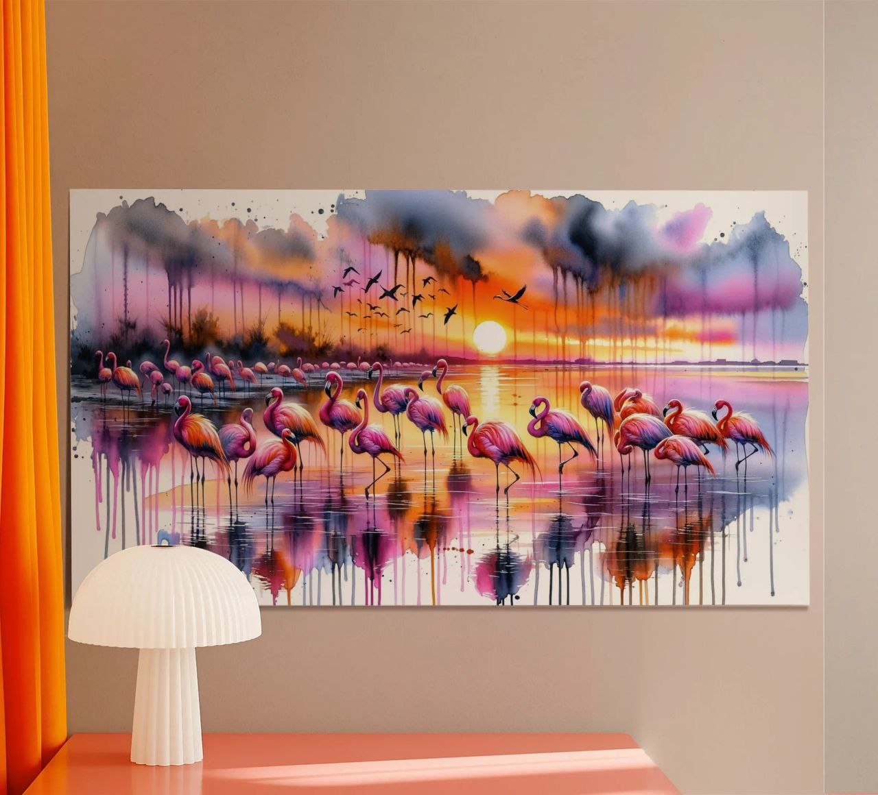 Flamingo-Sonnenuntergang an der Küste Poster von Chromatic Fusion Studio