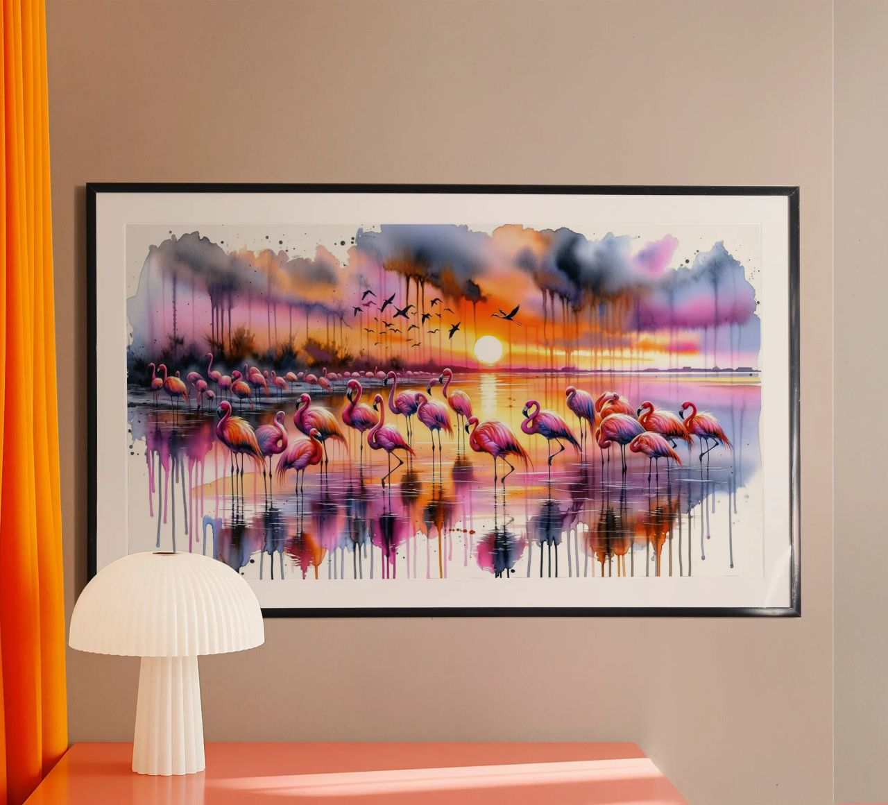 Flamingo-Sonnenuntergang an der Küste Poster von Chromatic Fusion Studio