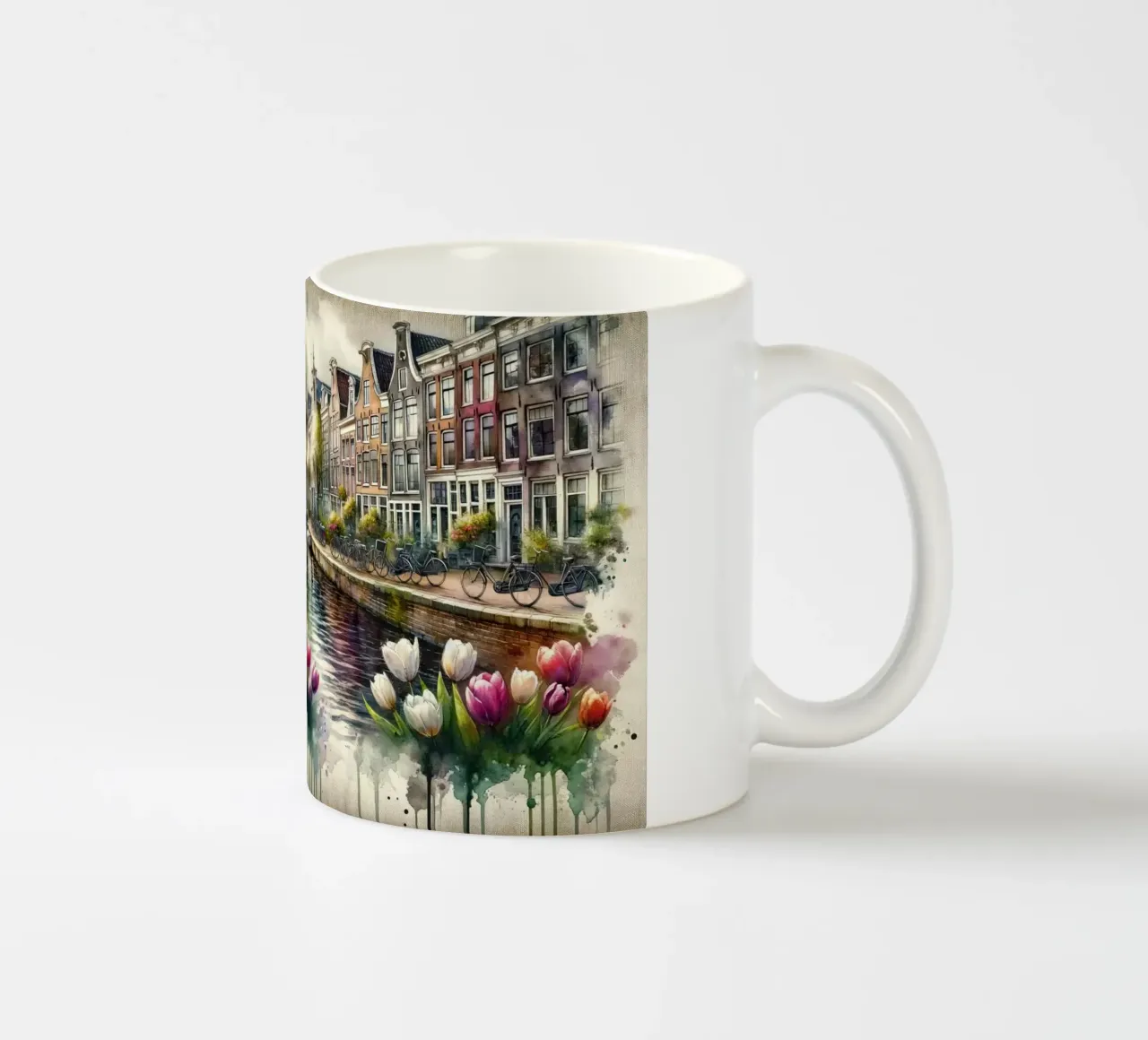 Scena di canale acquerellata Case olandesi tazza in ceramica da Chromatic Fusion Studio