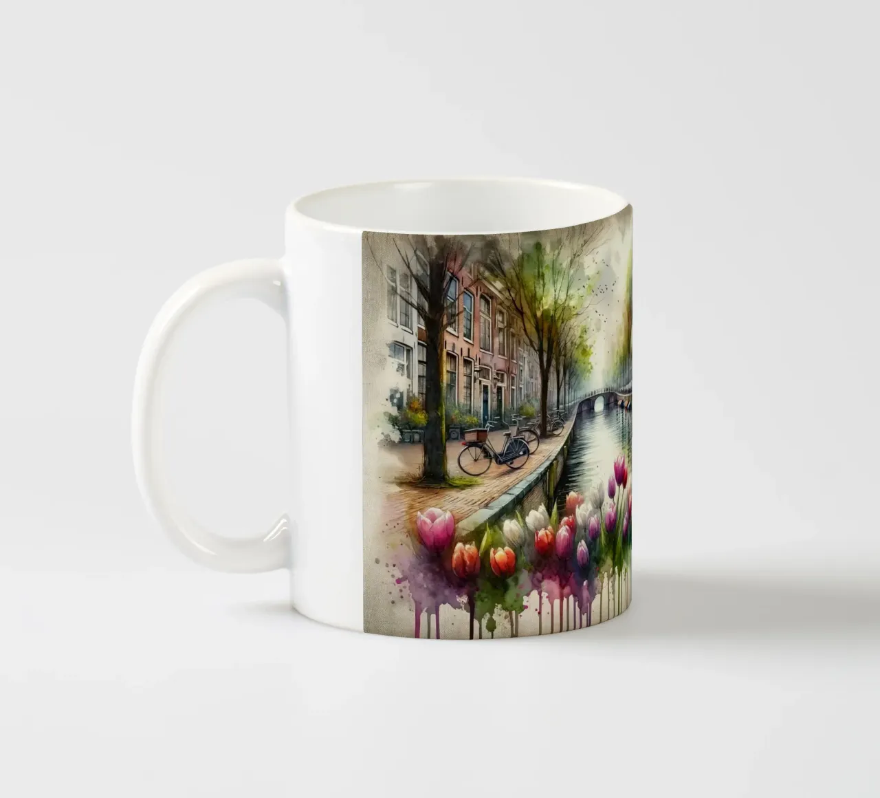 Scena di canale acquerellata Case olandesi tazza in ceramica da Chromatic Fusion Studio
