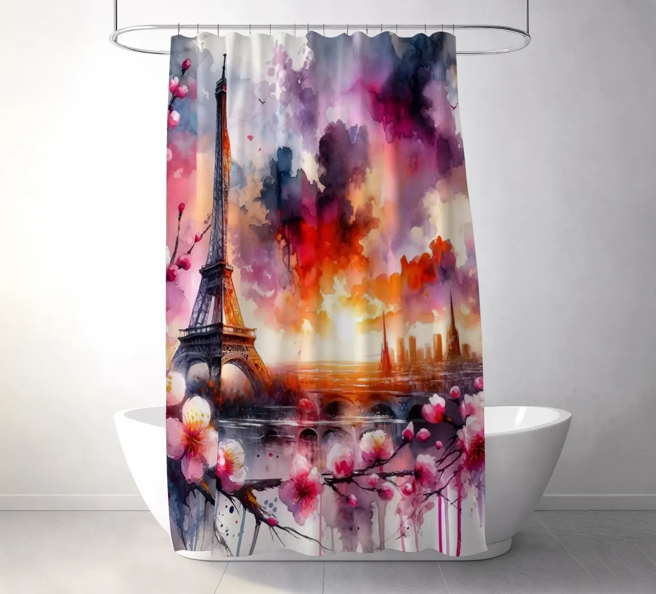 Aquarel Bloemen Parijs Eiffeltoren douchegordijn van Chromatic Fusion Studio