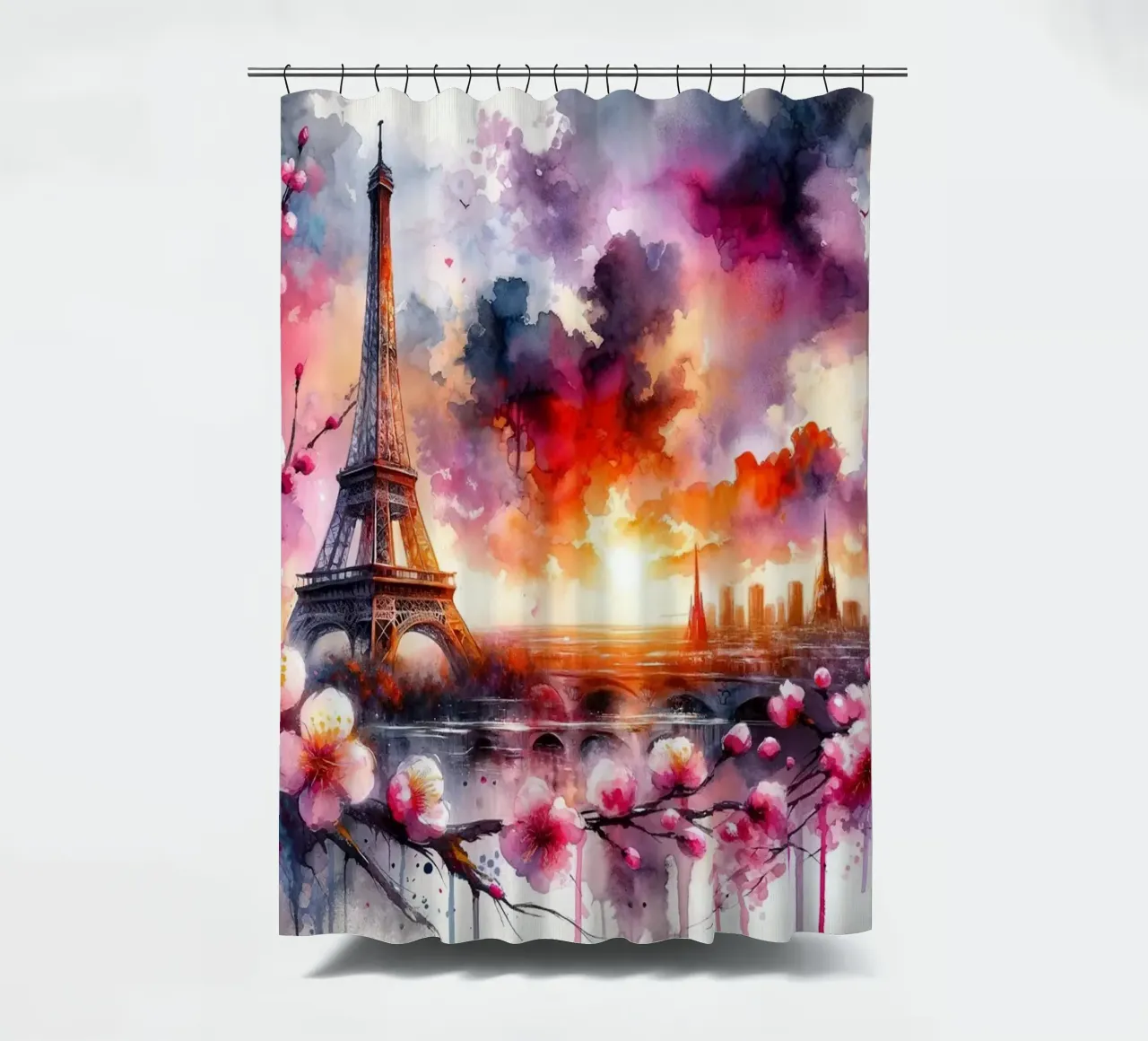 Aquarel Bloemen Parijs Eiffeltoren douchegordijn van Chromatic Fusion Studio