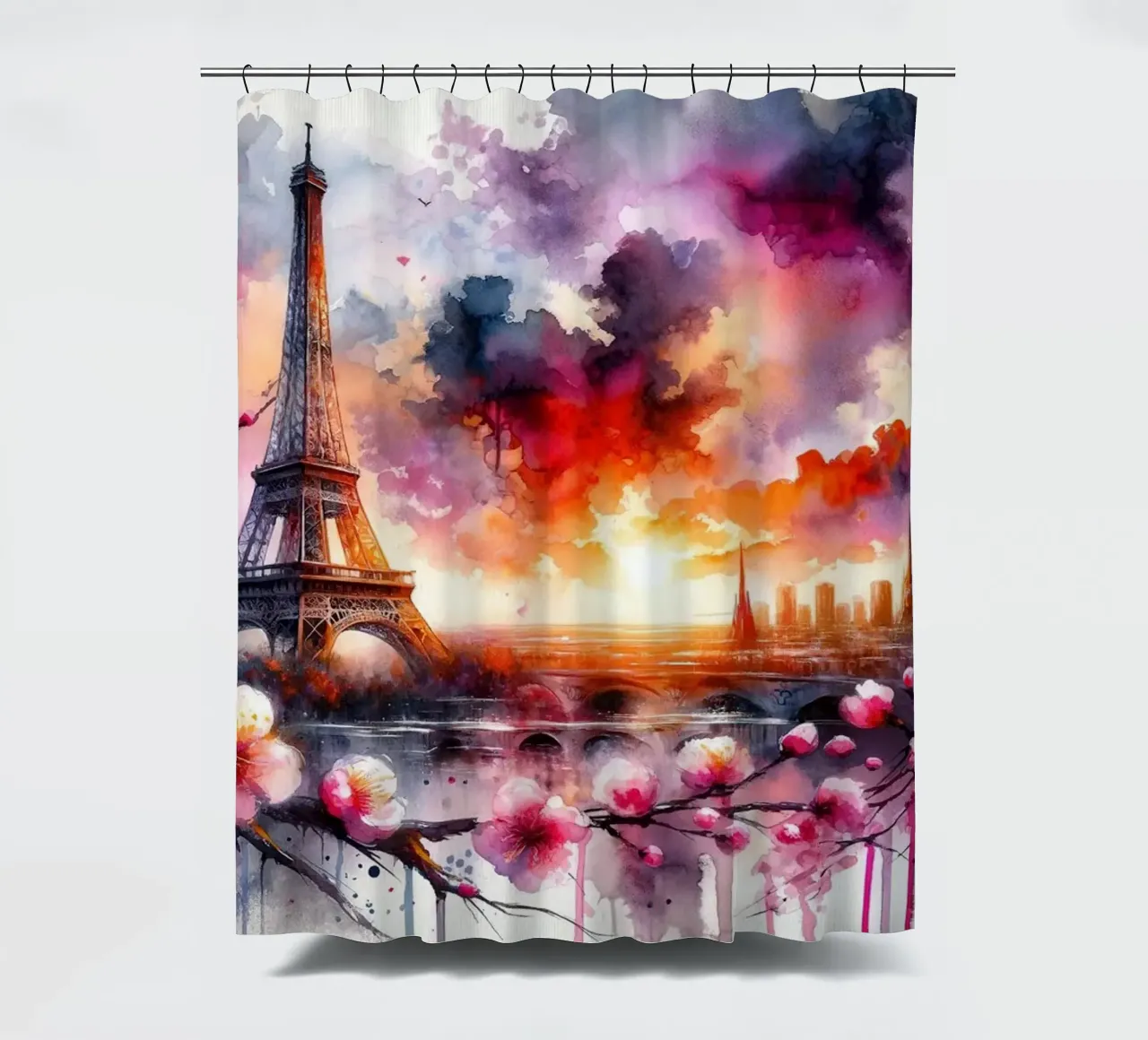 Aquarel Bloemen Parijs Eiffeltoren douchegordijn van Chromatic Fusion Studio