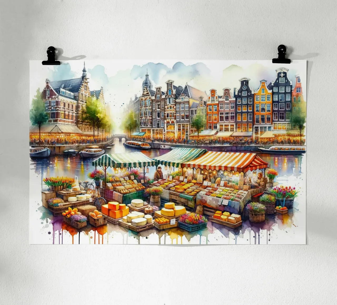 Scena di mercato acquerellata Formaggi olandesi carta hahnemühle da Chromatic Fusion Studio