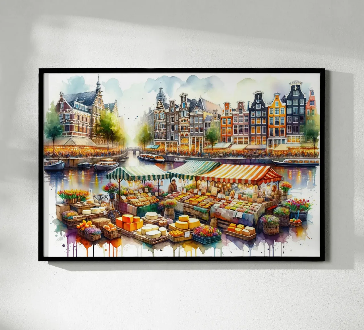 Scena di mercato acquerellata Formaggi olandesi carta hahnemühle da Chromatic Fusion Studio