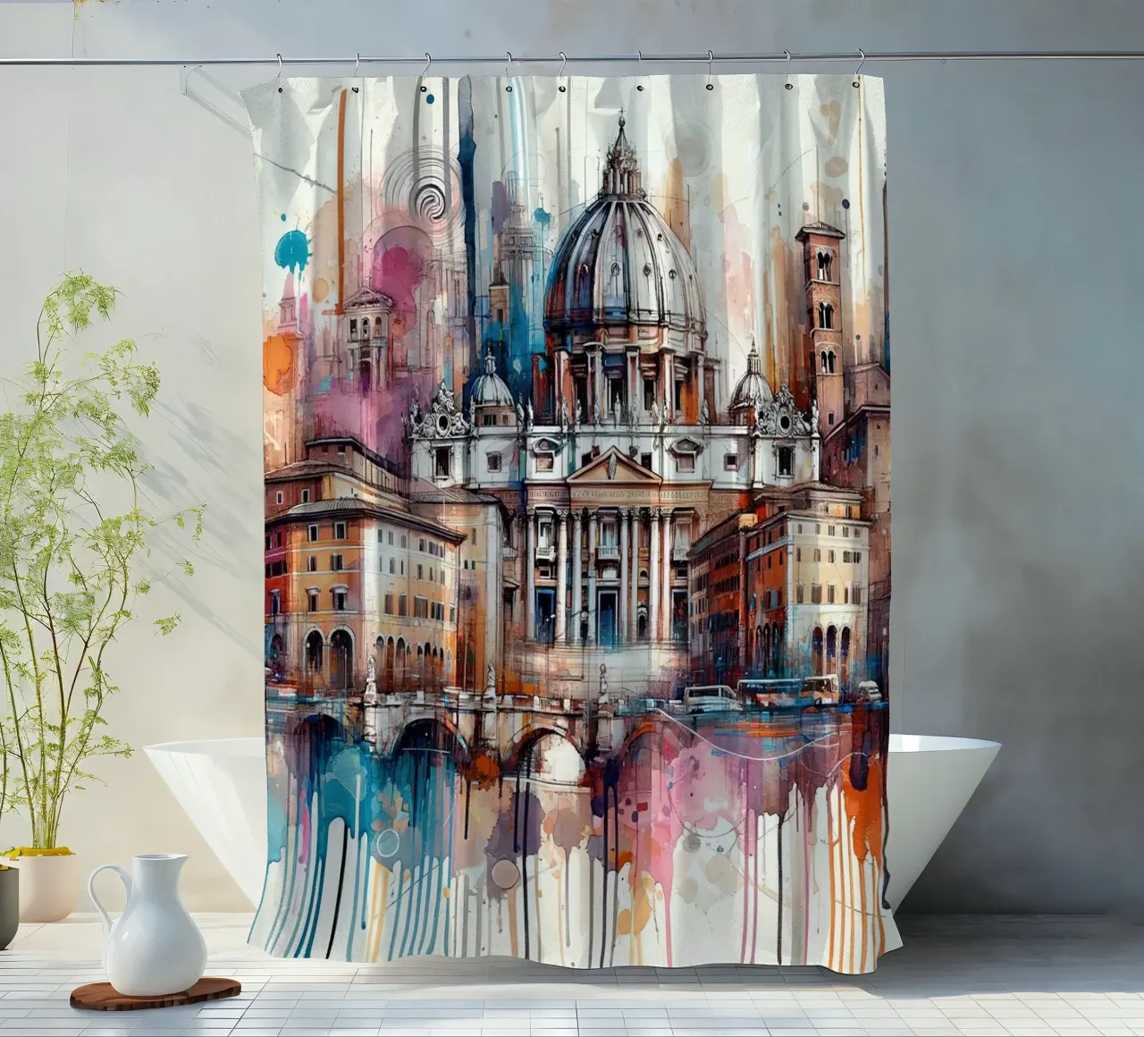 Acquerello Skyline di Roma tenda da doccia da Chromatic Fusion Studio