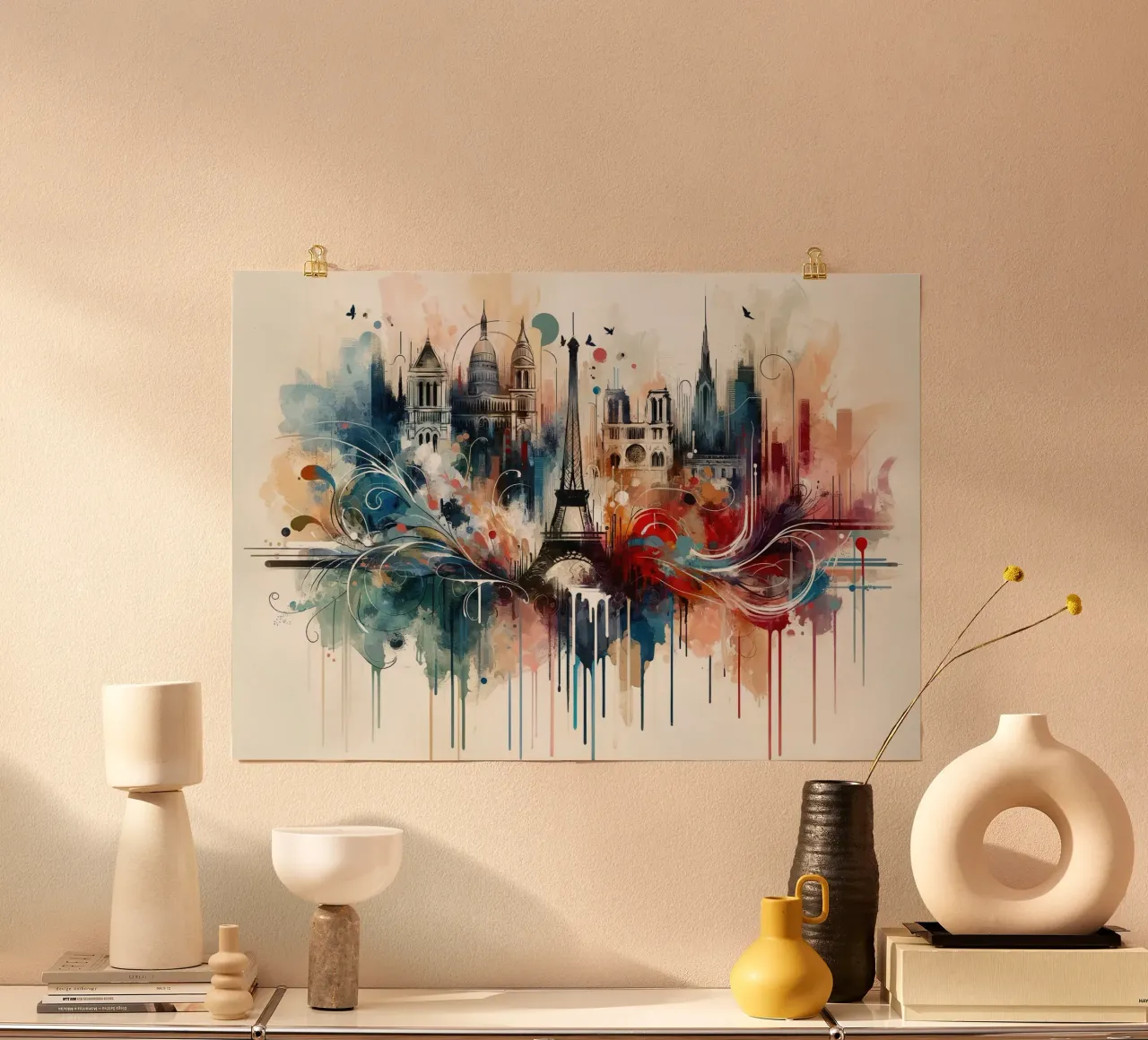 Acquerello Skyline Parigi poster con telaio in plastica da Chromatic Fusion Studio