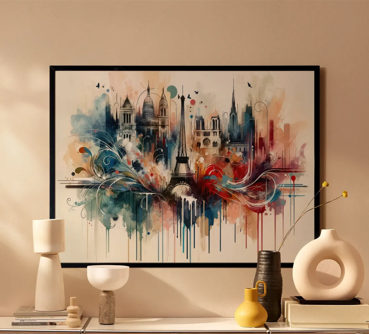 Acquerello Skyline Parigi poster con telaio in plastica da Chromatic Fusion Studio