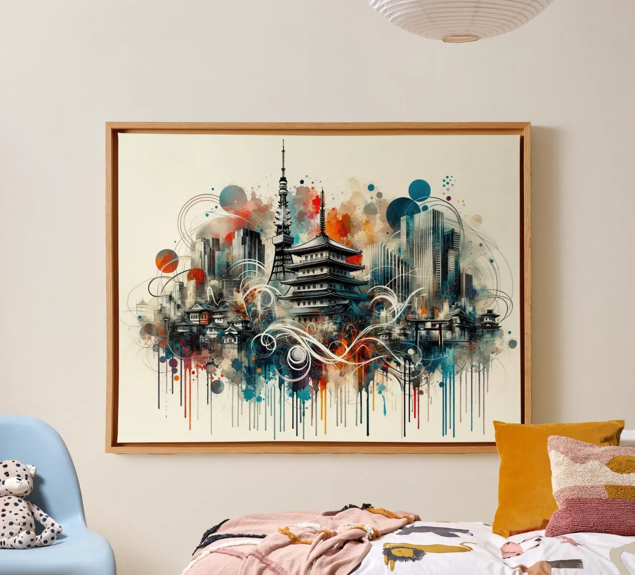 Acquerello Skyline Tokyo tela con Cornice a cassetta da Chromatic Fusion Studio