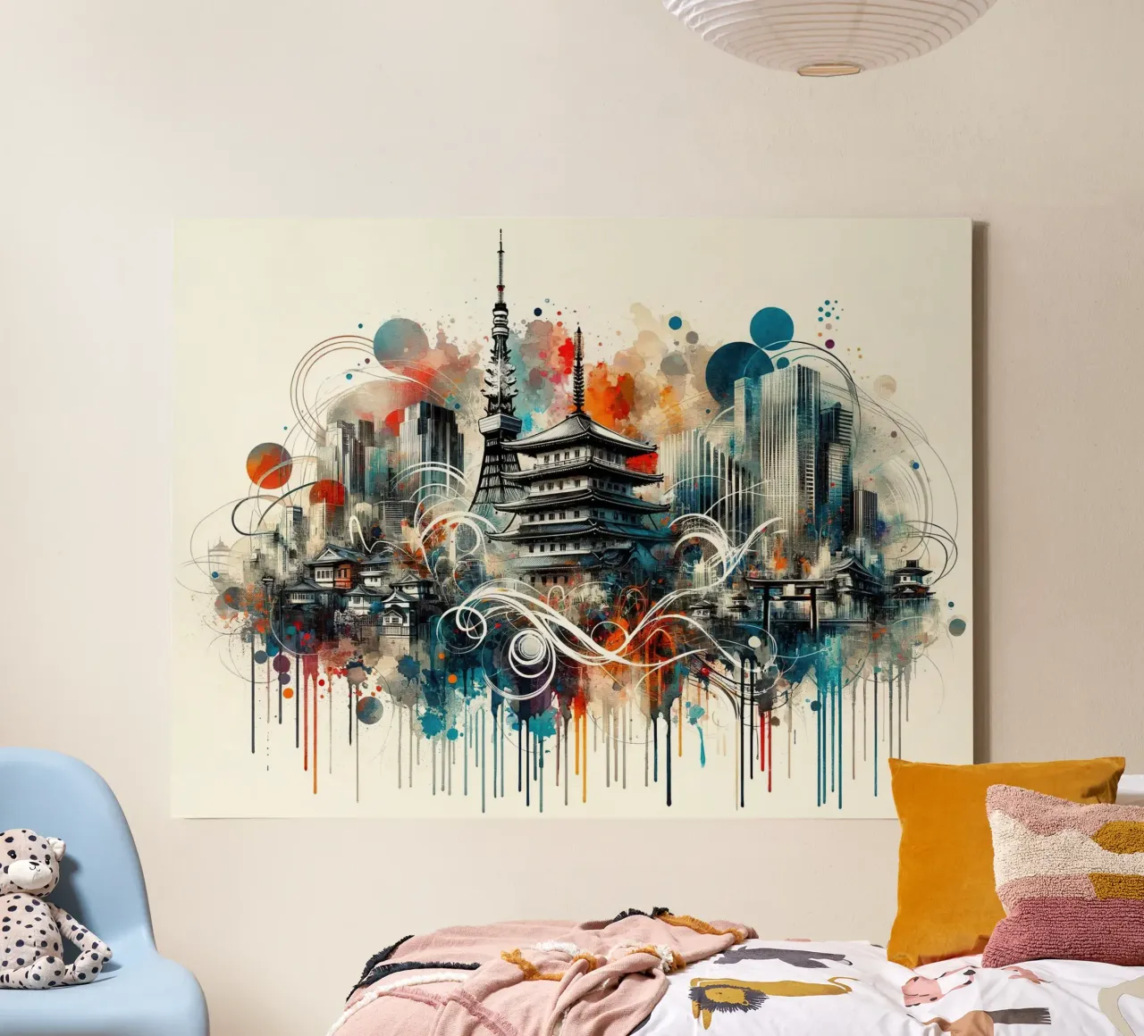 Acquerello Skyline Tokyo tela con Cornice a cassetta da Chromatic Fusion Studio