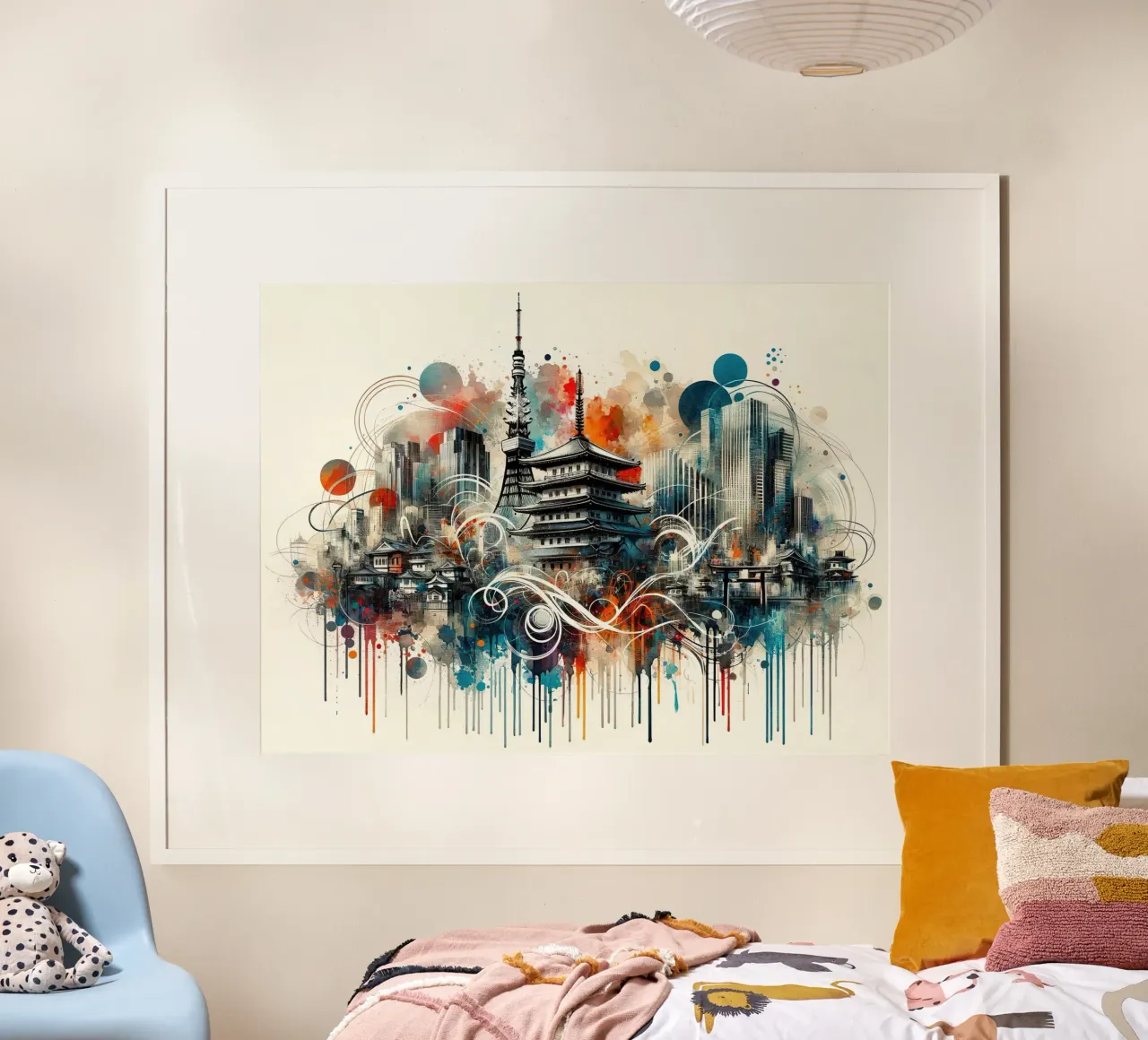Acquerello Skyline Tokyo poster con telaio in legno da Chromatic Fusion Studio
