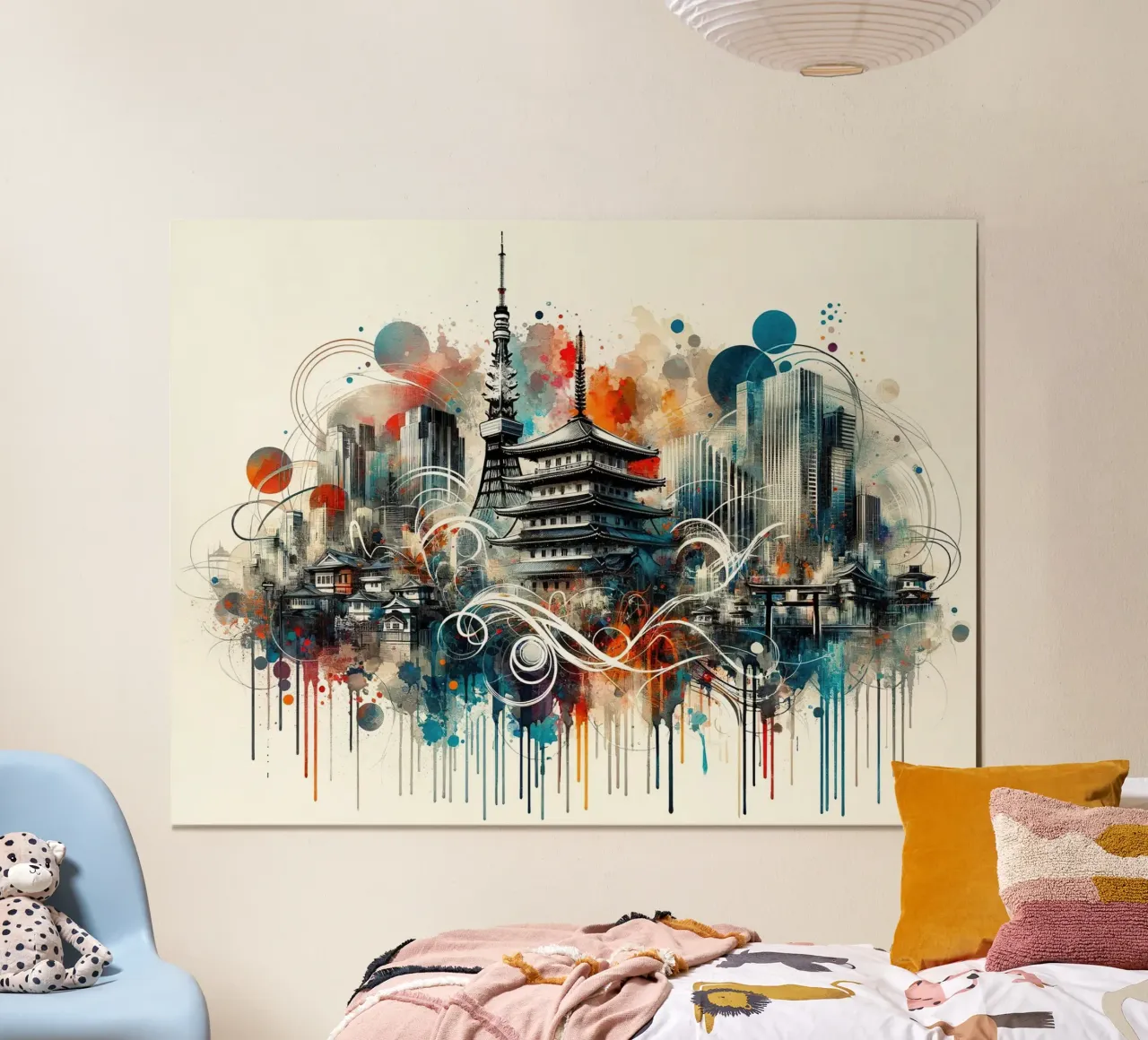 Acquerello Skyline Tokyo poster con telaio in legno da Chromatic Fusion Studio