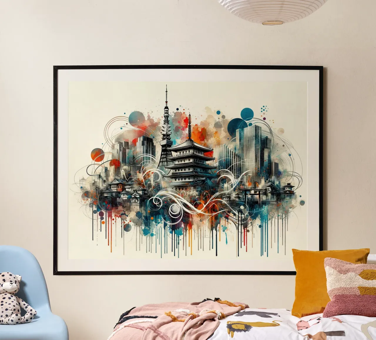 Acquerello Skyline Tokyo poster con telaio in legno da Chromatic Fusion Studio