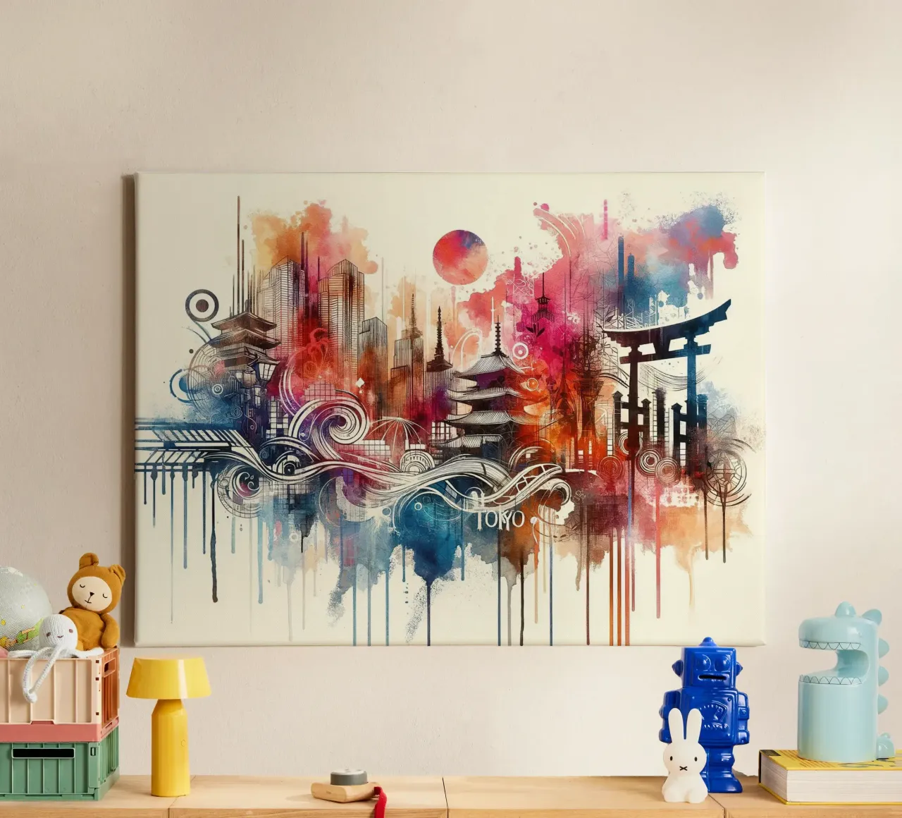 Acquerello Skyline Tokyo tela con Cornice a cassetta da Chromatic Fusion Studio