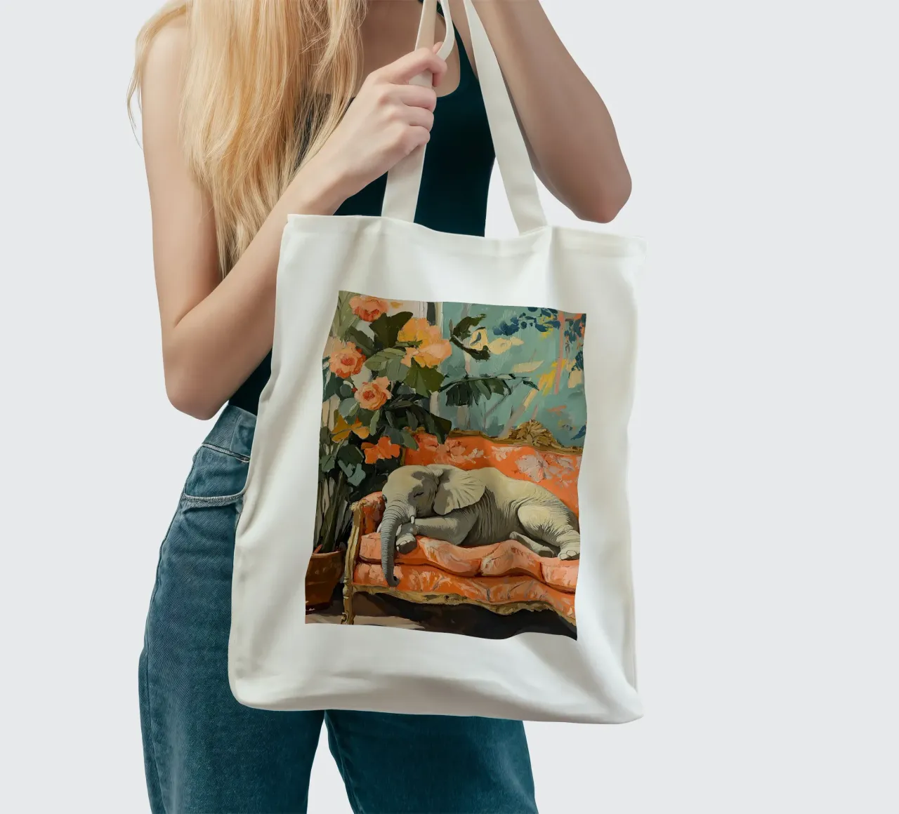 Elephant on the sofa tote bag by ArtByNiki