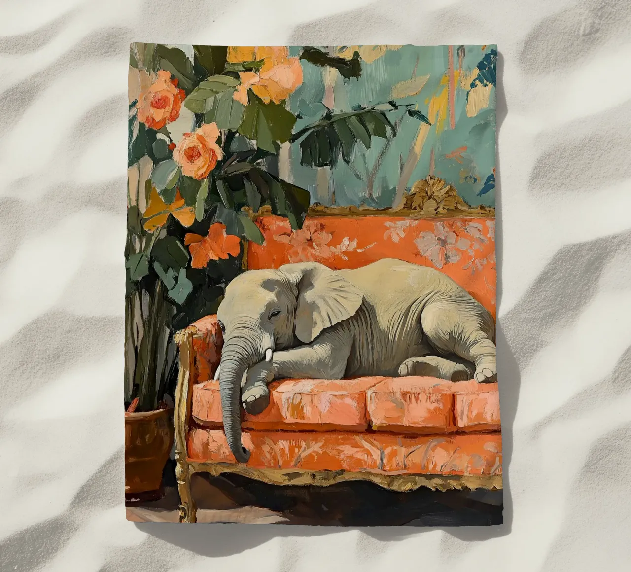 Elefante sul divano telo mare da ArtByNiki