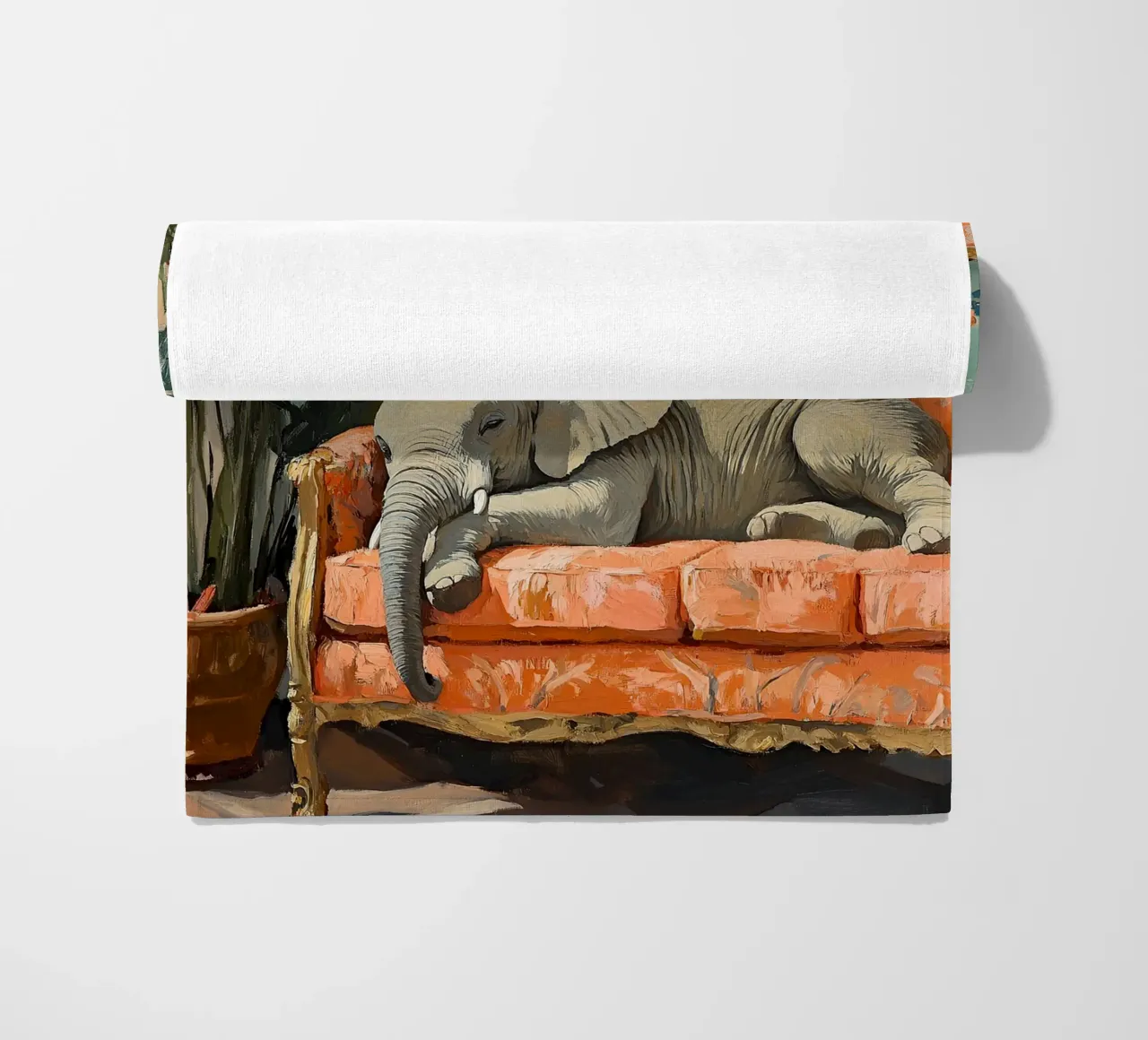 Elefante sul divano telo mare da ArtByNiki