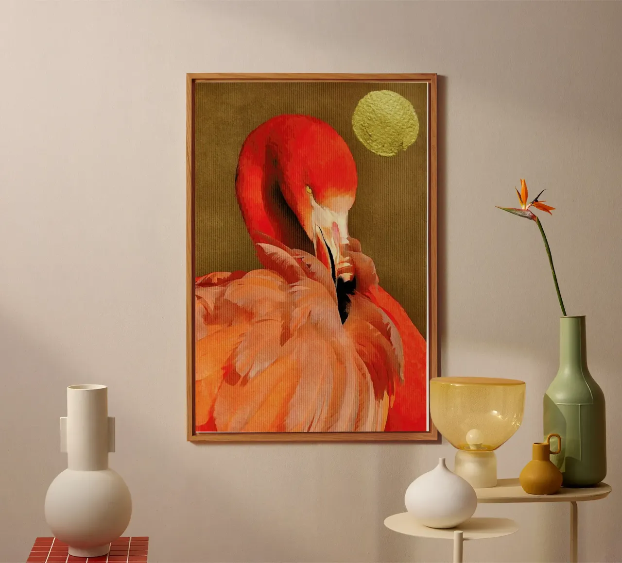 Flamingo with Golden Sun alluminio dibond da Kubistika