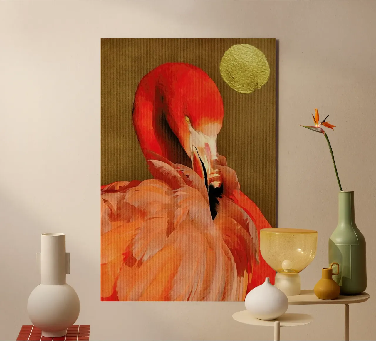 Flamingo with Golden Sun alluminio dibond da Kubistika