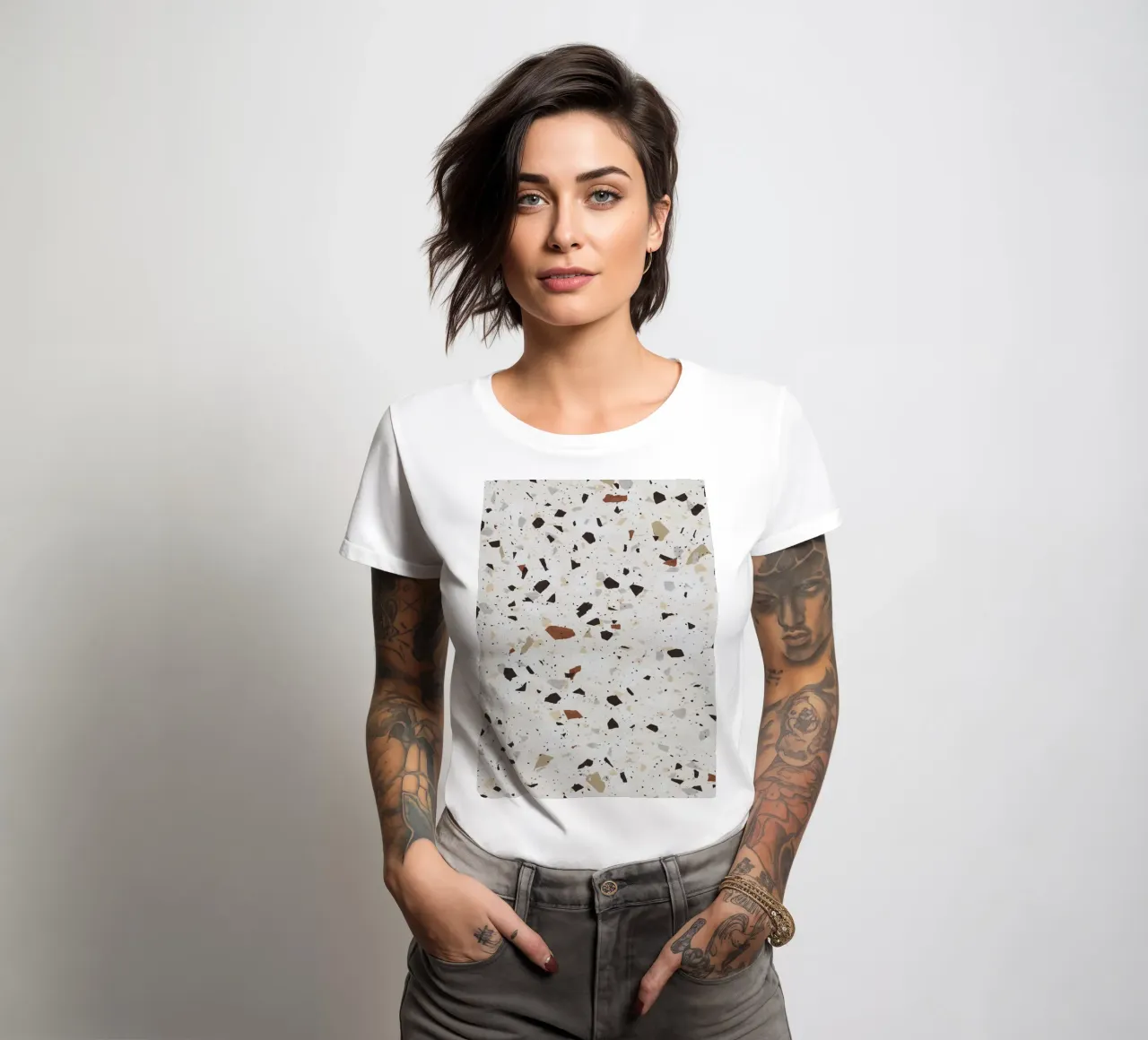 White and Beige Terrazzo women's fitted t-shirt by amini54