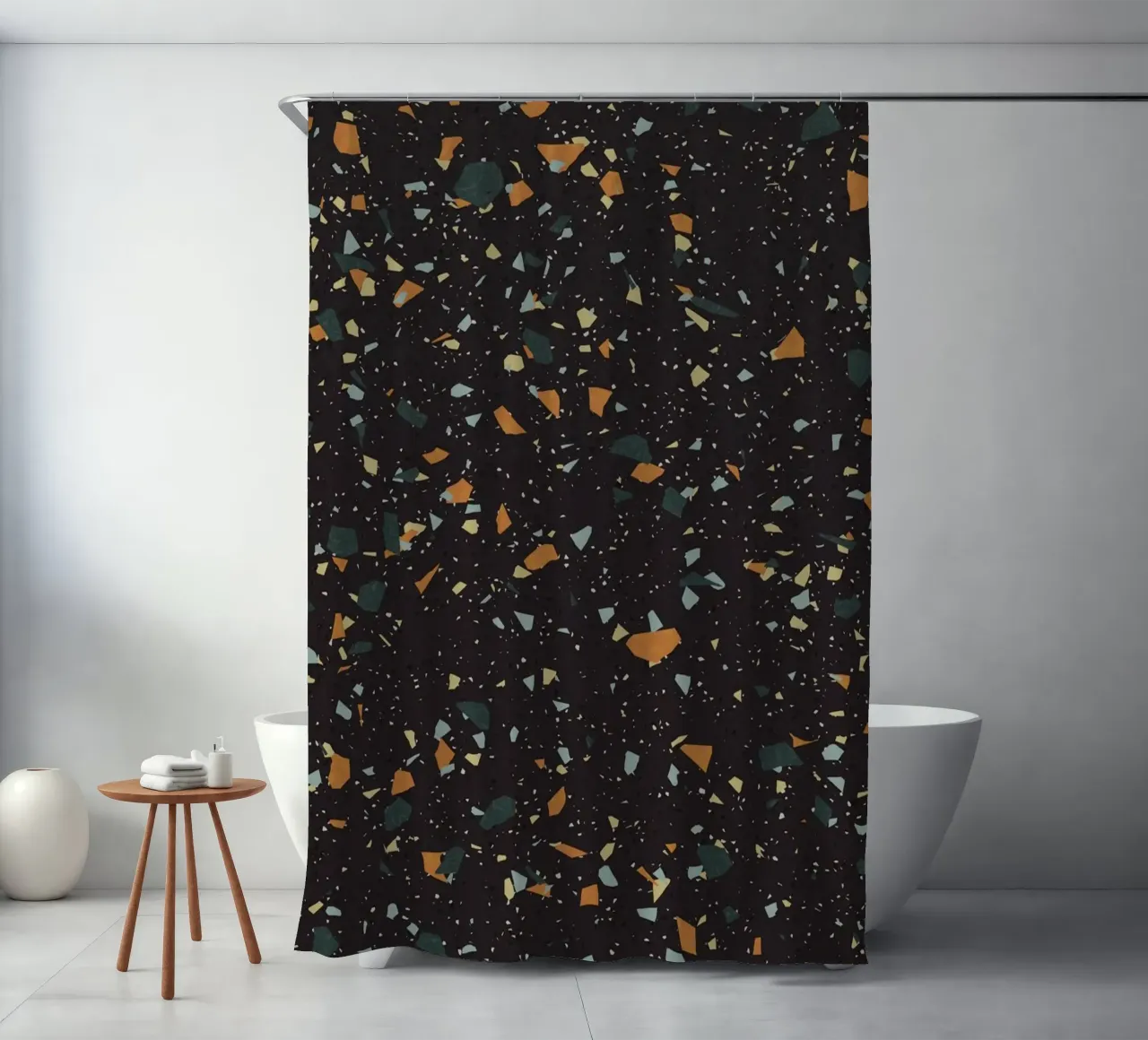 Terrazzo nero, verde acqua e arancione tenda da doccia da amini54