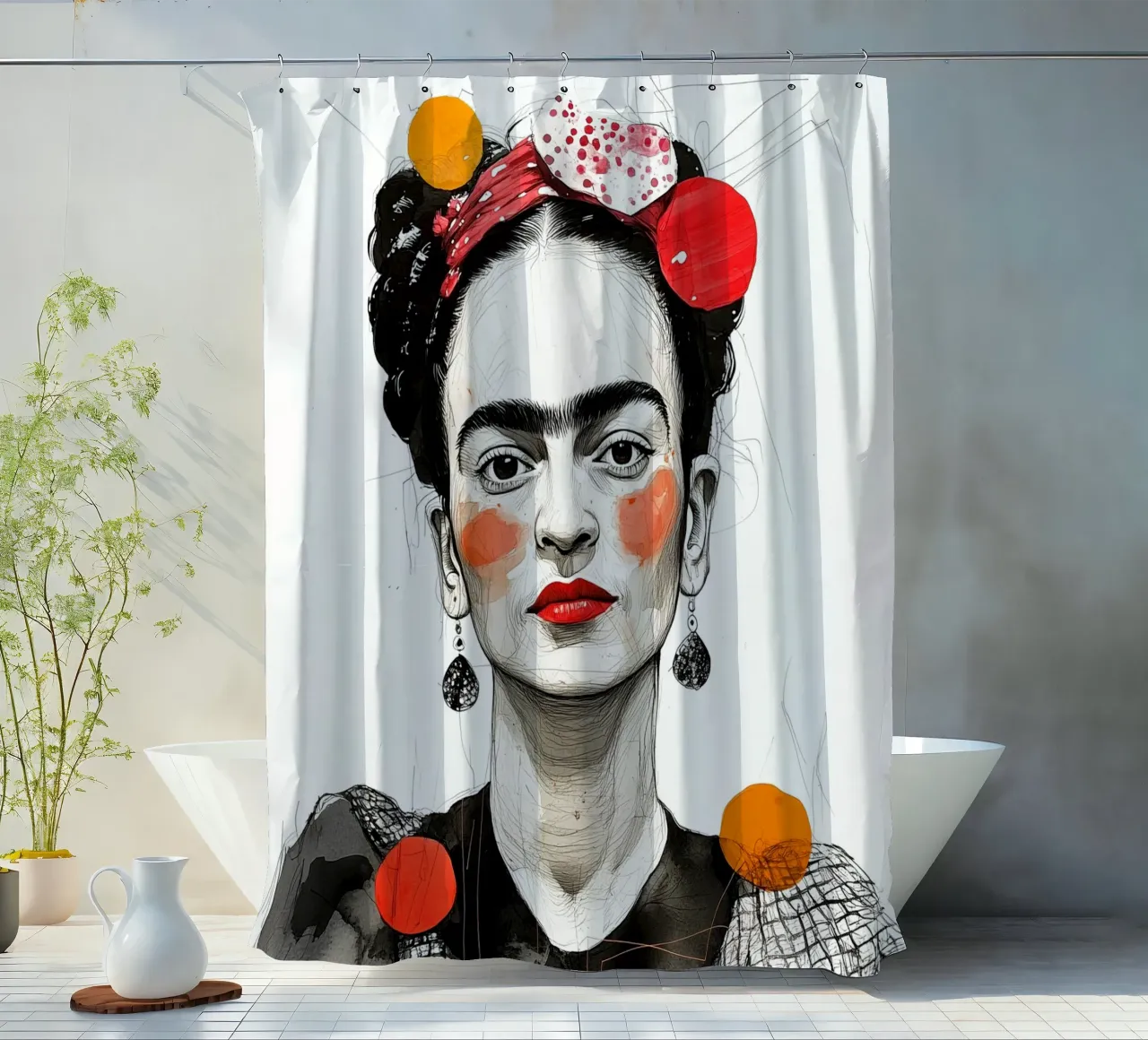 Frida portrait shower curtain by Justyna Jaszke JBJart