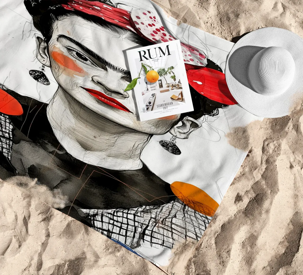 Frida portrait beach towel by Justyna Jaszke JBJart