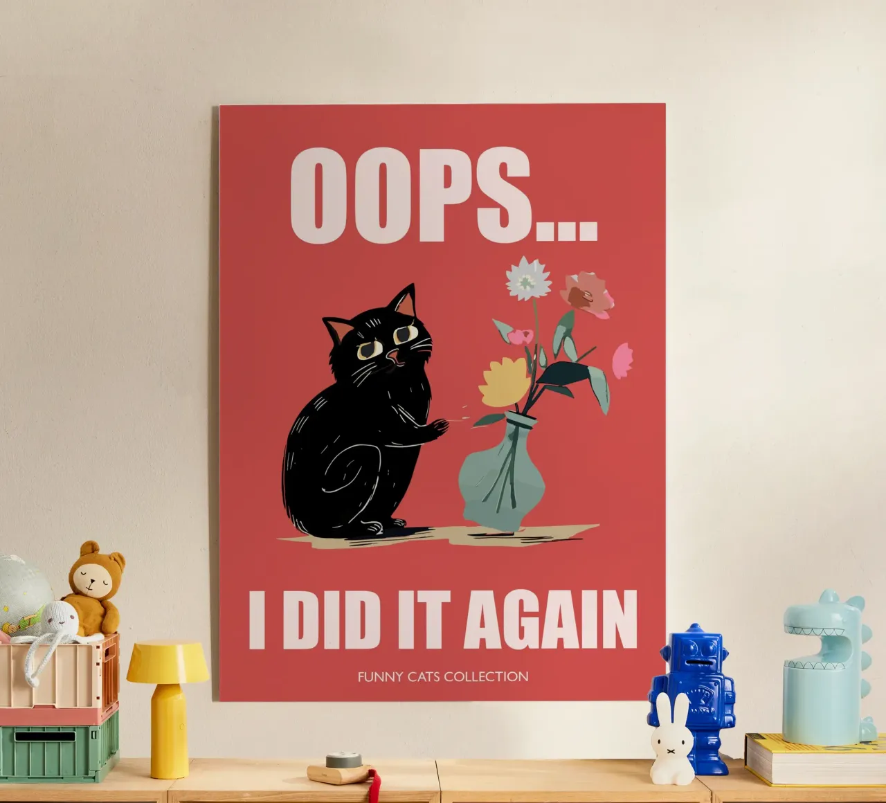 "Oops I did it again" Chat noir avec vase à fleurs plexiglas de Peaches Art Prints