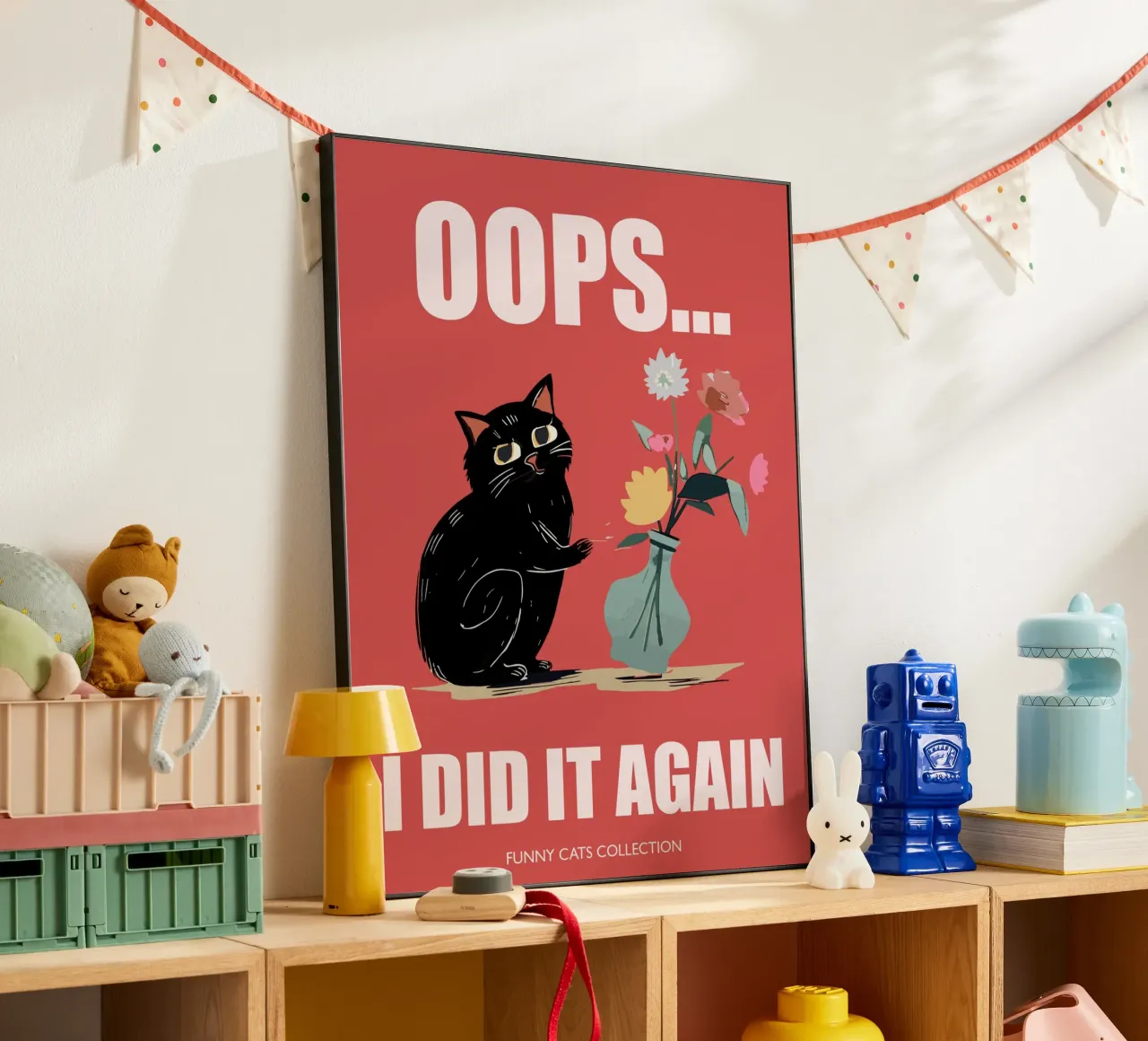 "Oops I did it again" Chat noir avec vase à fleurs alu dibond de Peaches Art Prints