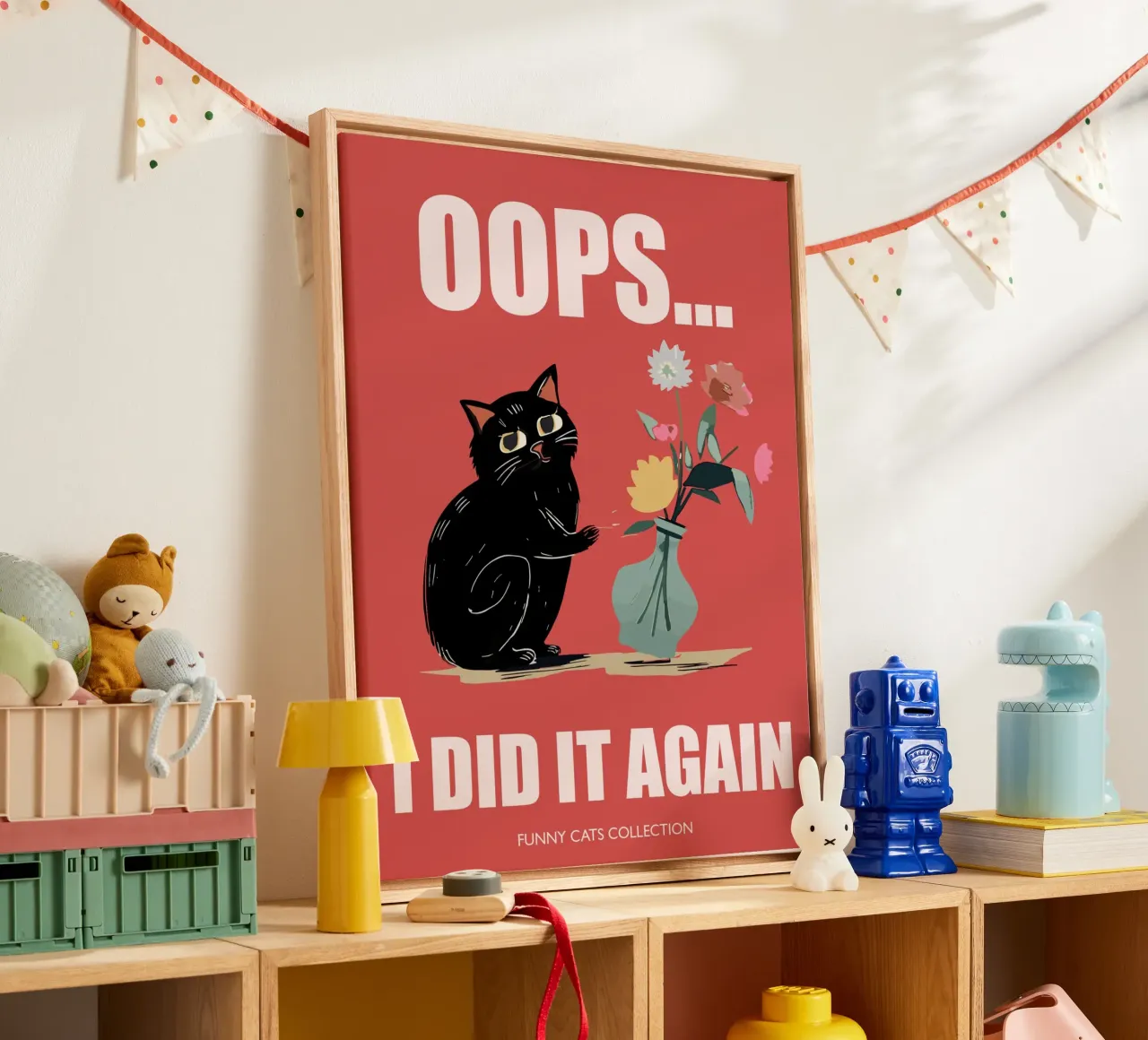 "Oops I did it again" Black Cat with Flower Vase canvas with Floater frame by Peaches Art Prints