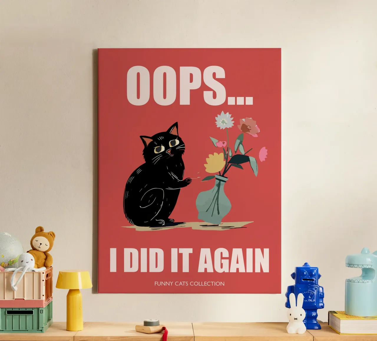 "Oops I did it again" Black Cat with Flower Vase canvas with Floater frame by Peaches Art Prints